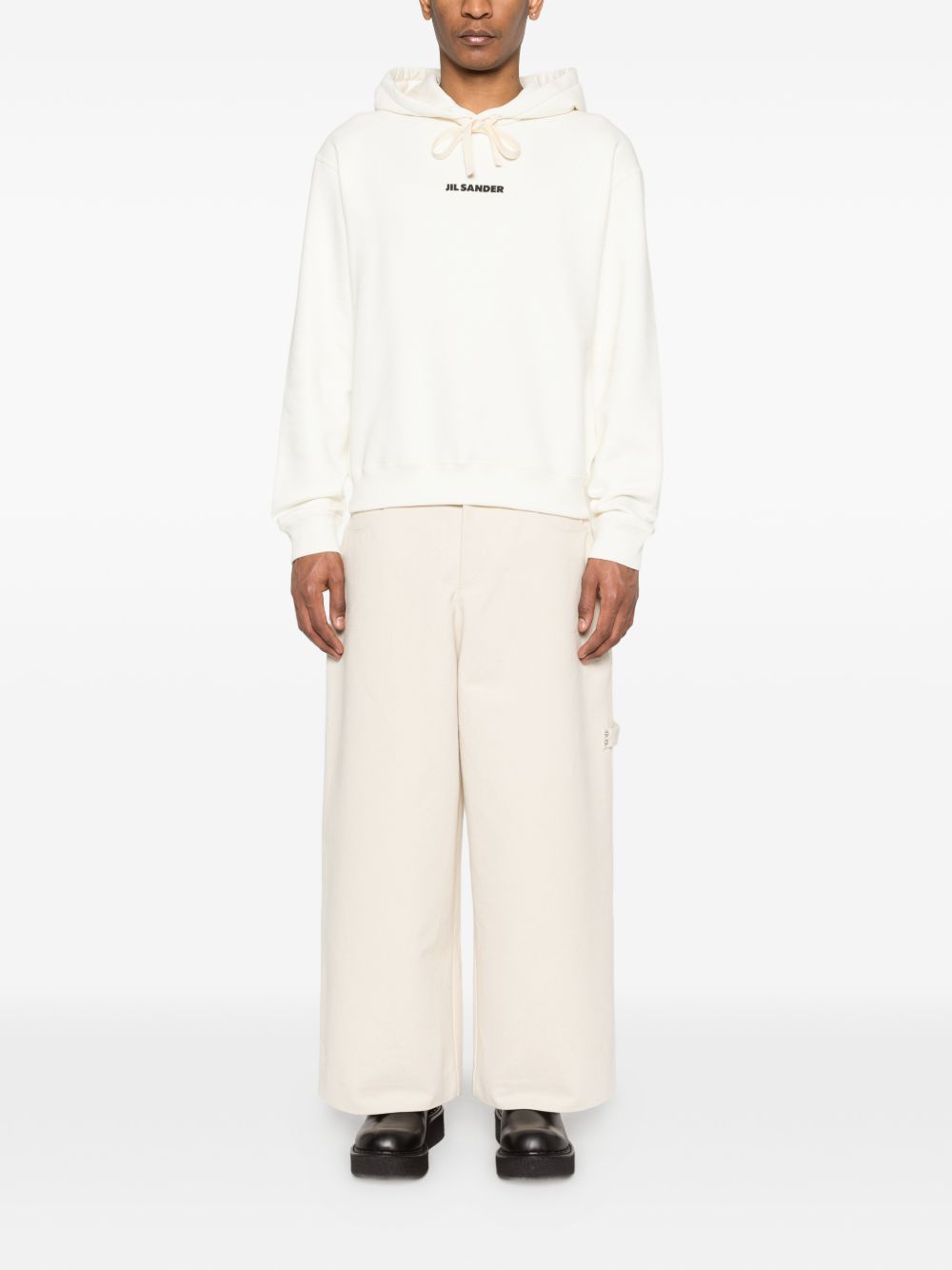 JIL SANDER Felpa in cotone bianco con cappuccio e logo nero