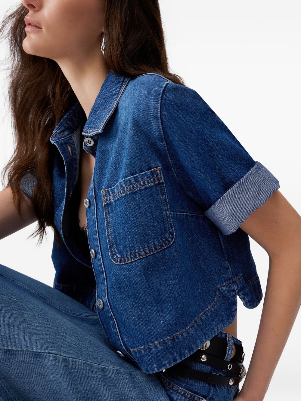 LIUJO Camicia corta in denim blu con maniche over 3/4