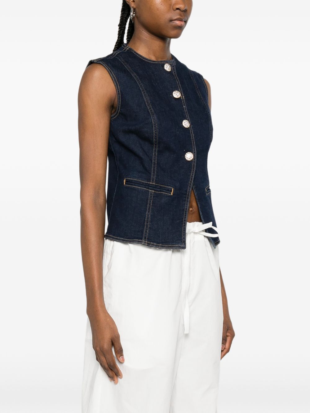 LIUJO Gilet nero di jeans con rifiniture in cuciture bianche