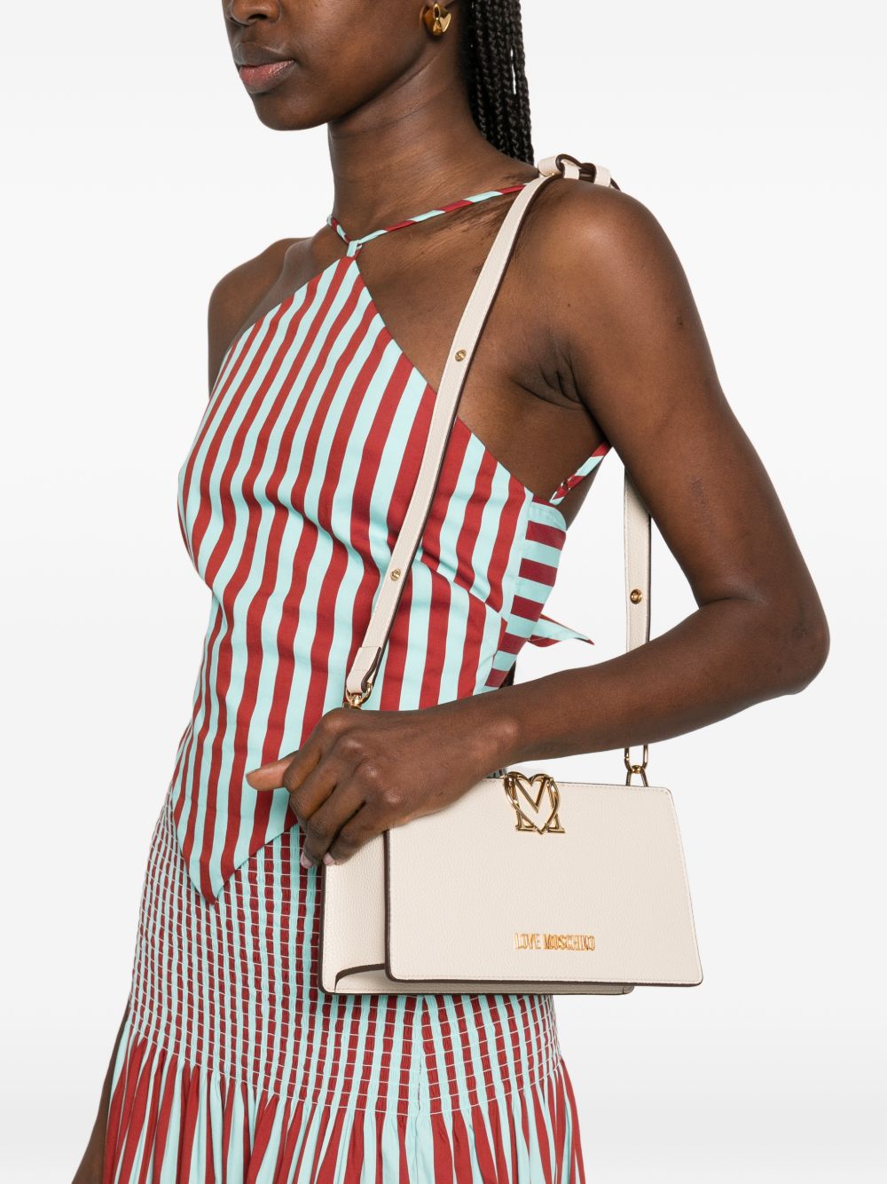 LOVE MOSCHINO Borsa a spalla avorio in ecopelle con placca logo dorato