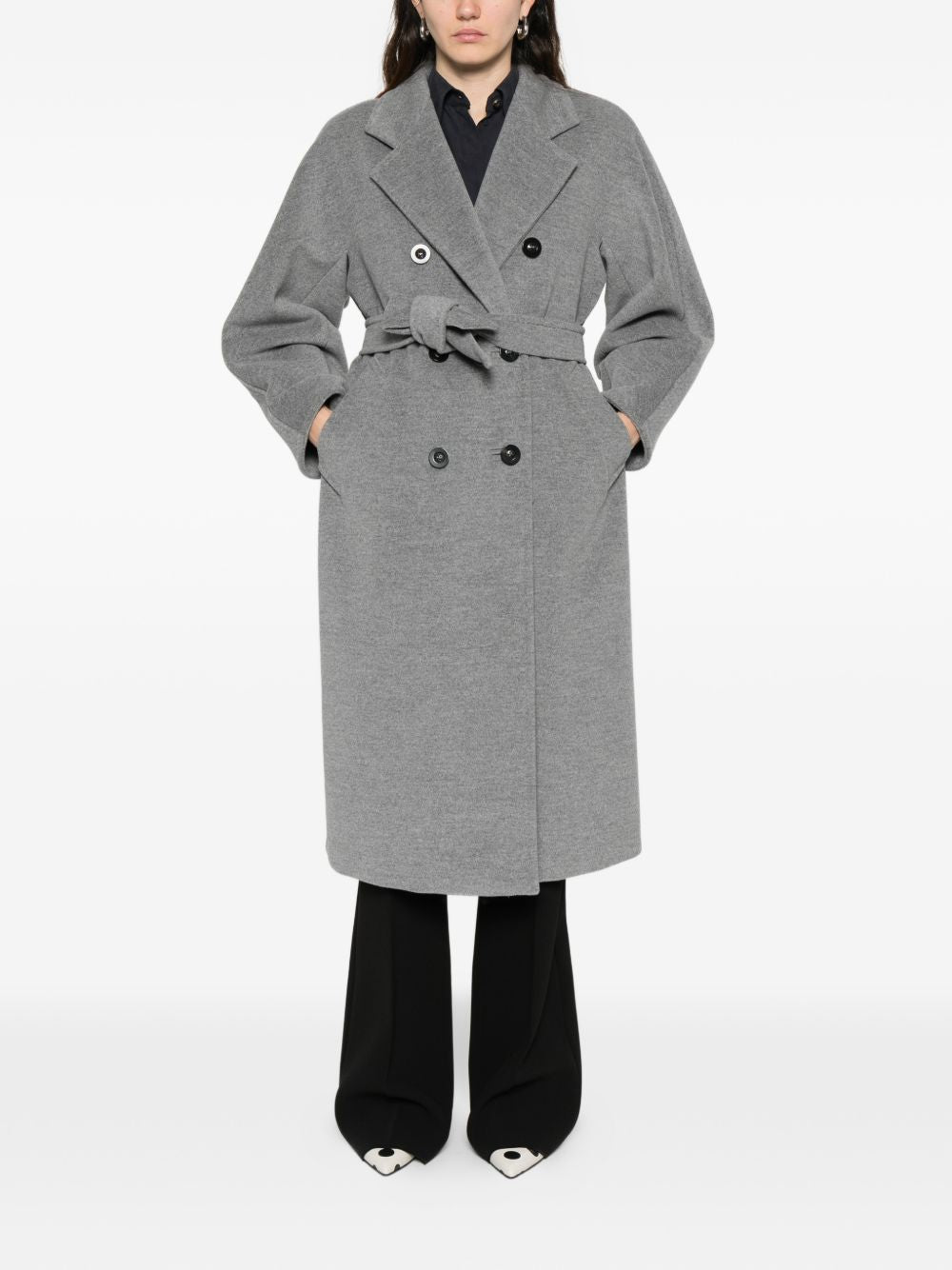 MAX MARA Cappotto lungo Madame grigio doppiopetto con cintura