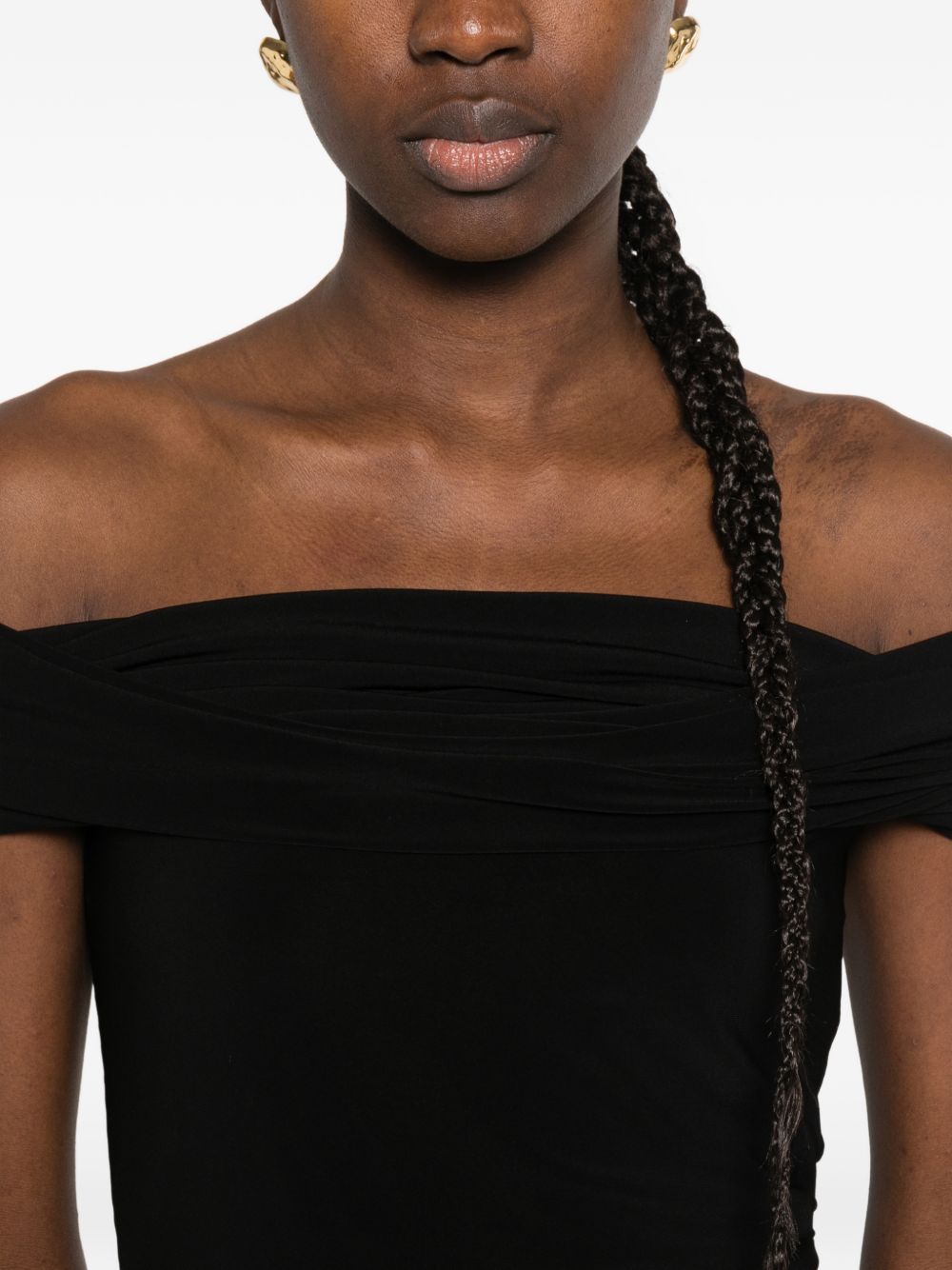 NORMA KAMALI Abito midi nero con scollo bardot