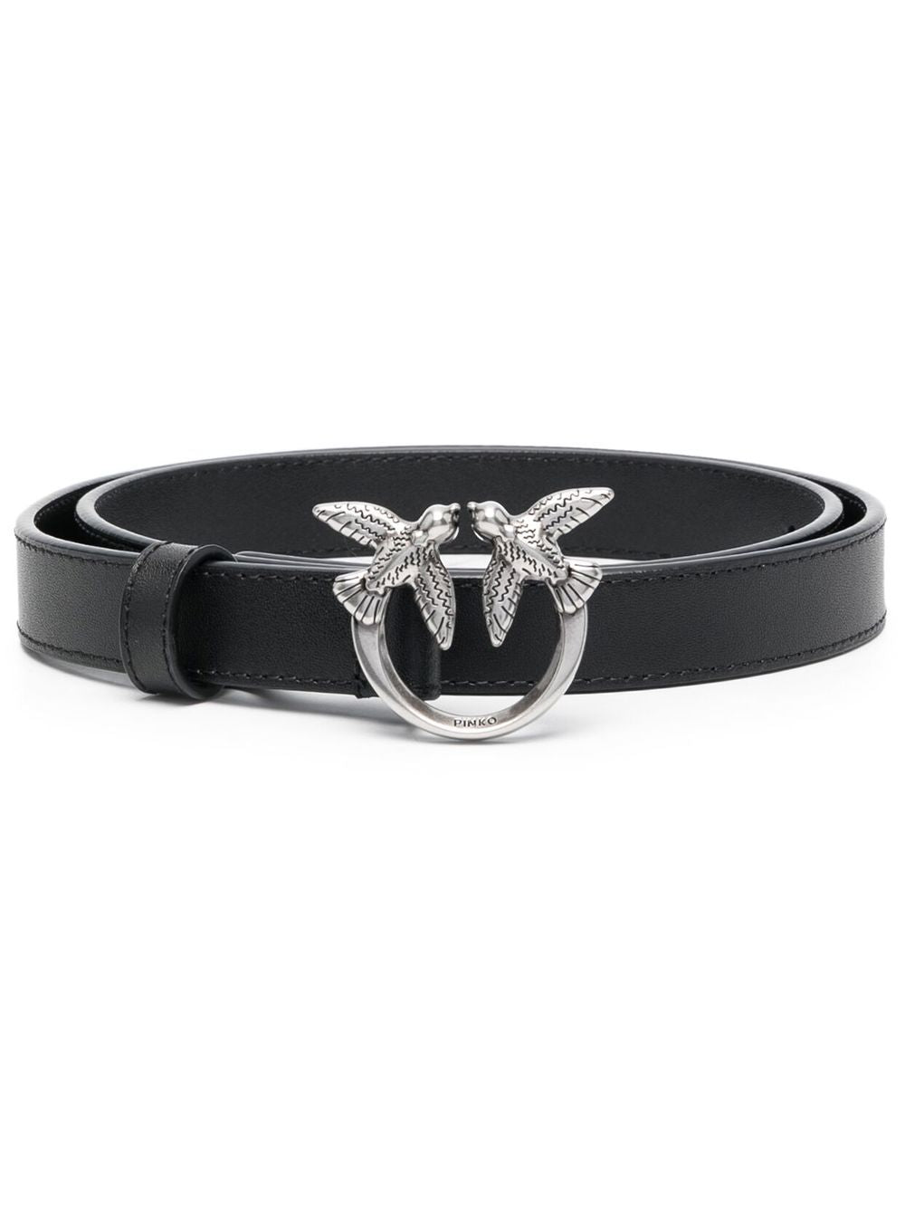 PINKO Cintura in pelle nera con logo argento