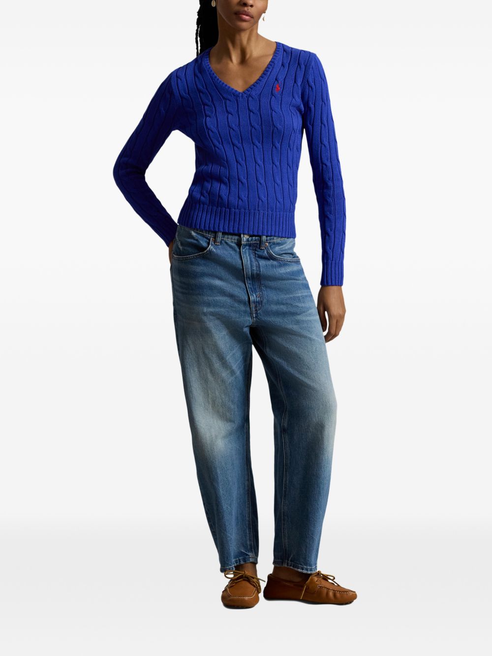 POLO RALPH LAUREN Maglia a trecce con scollo V in cotone blu