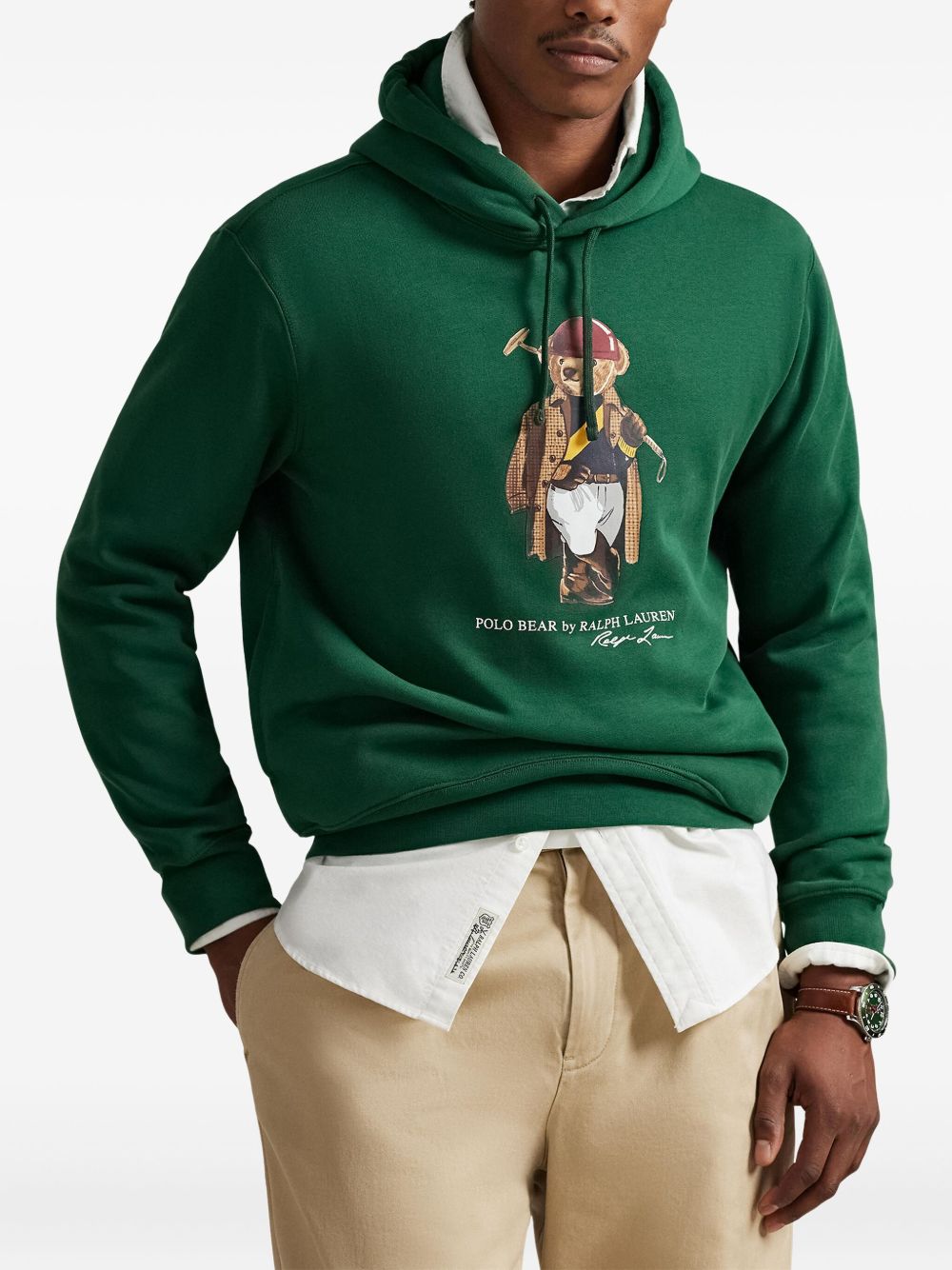POLO RALPH LAUREN Felpa in cotone verde con cappuccio e orso stampato