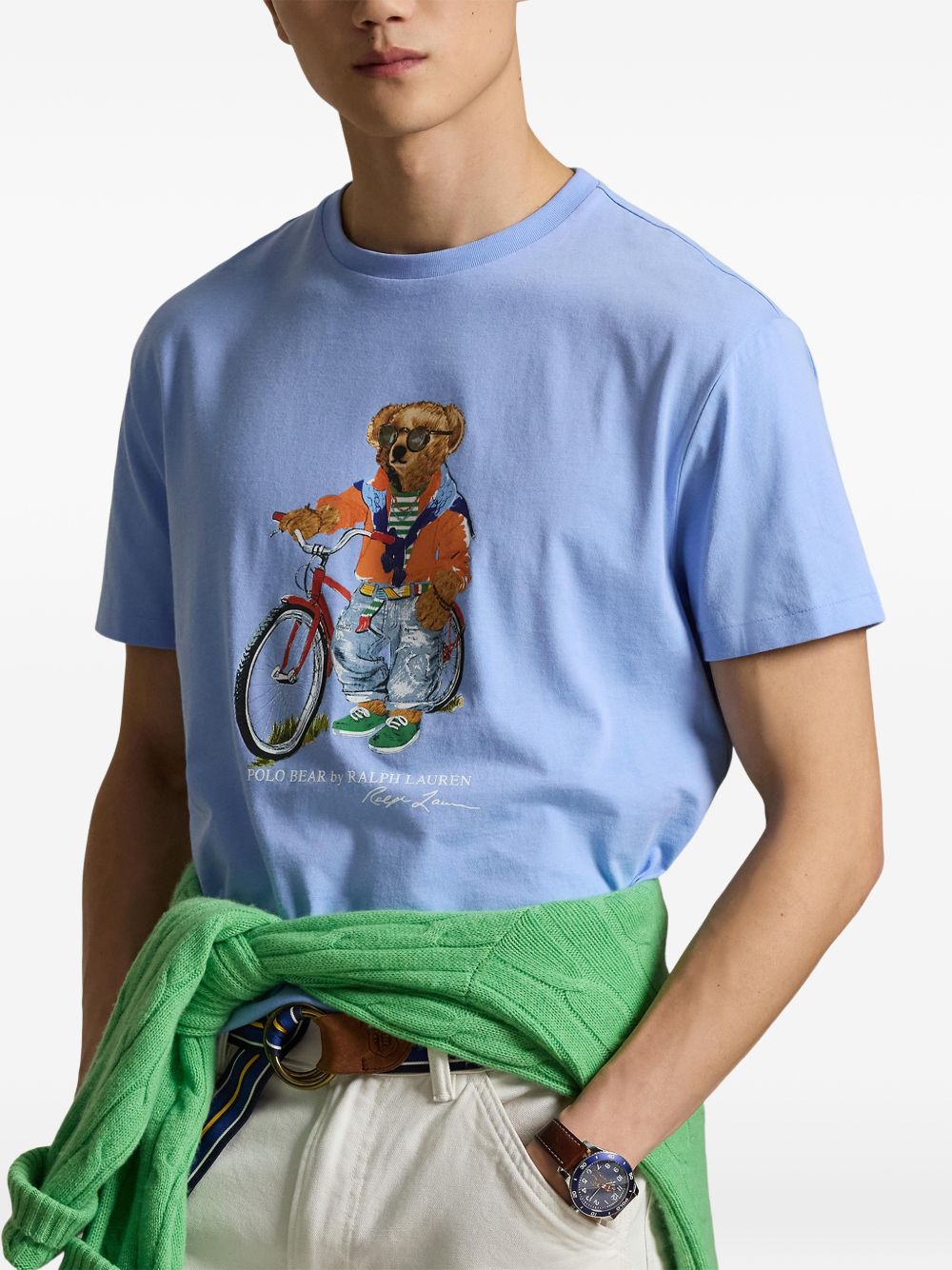 POLO RALPH LAUREN T-shirt celeste con illustrazione grafica centrale