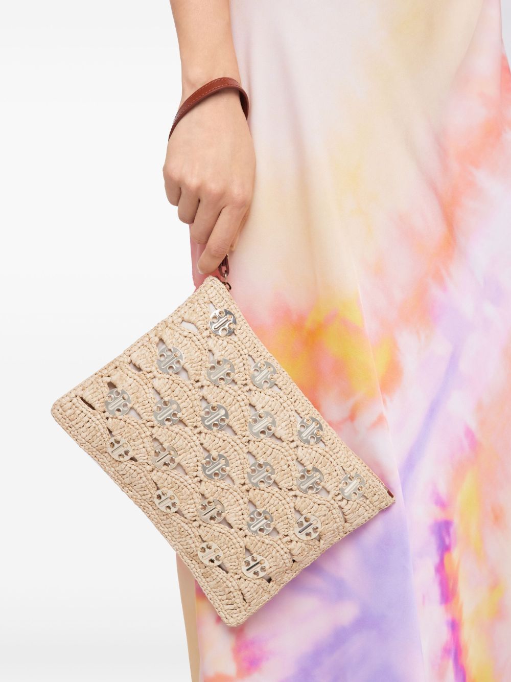 RABANNE Pochette in rafia con inserti oro