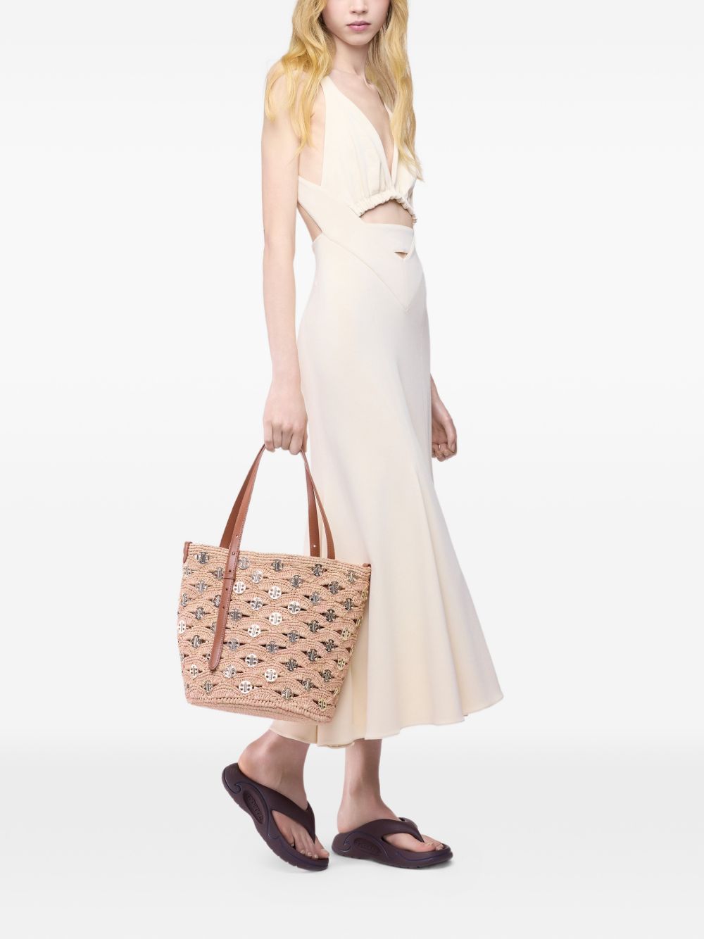 RABANNE Borsa Bucket grande in rafia beige e color pesca con dischi d'oro firmati 1969