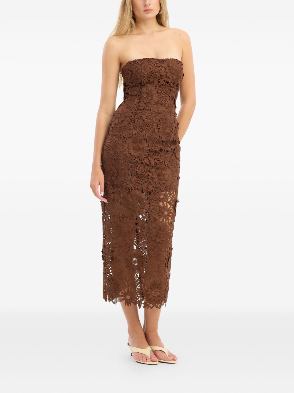ROTATE Abito midi marrone con pizzo floreale