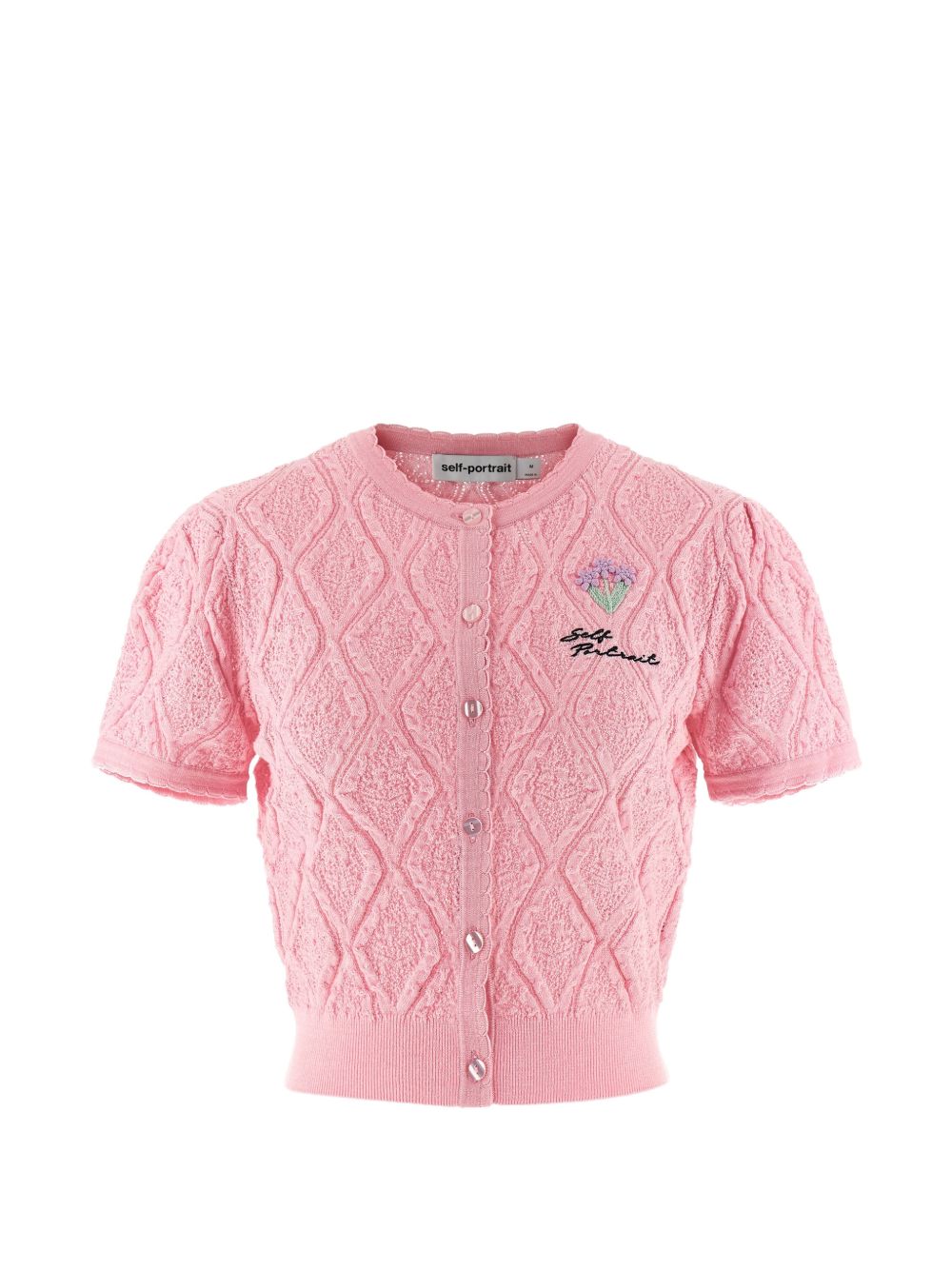 SELF PORTRAIT Cardigan corto rosa con ricamo fiori e logo