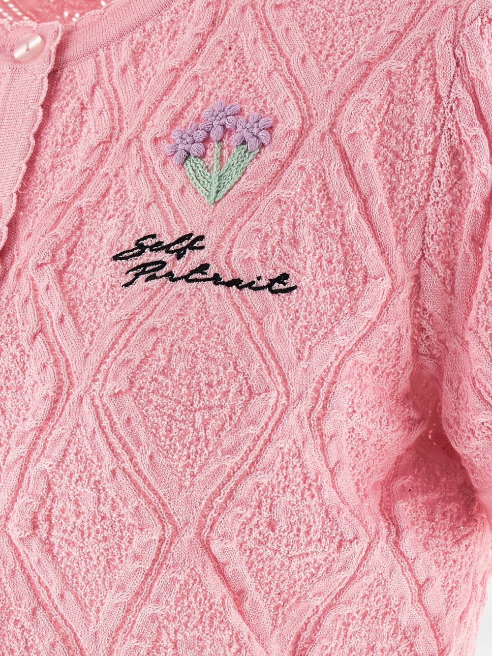 SELF PORTRAIT Cardigan corto rosa con ricamo fiori e logo