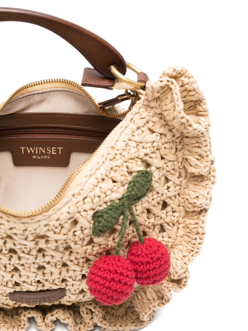 TWINSET Borsa a mano in filato di carta beige con ruches e dettaglio ciliegie