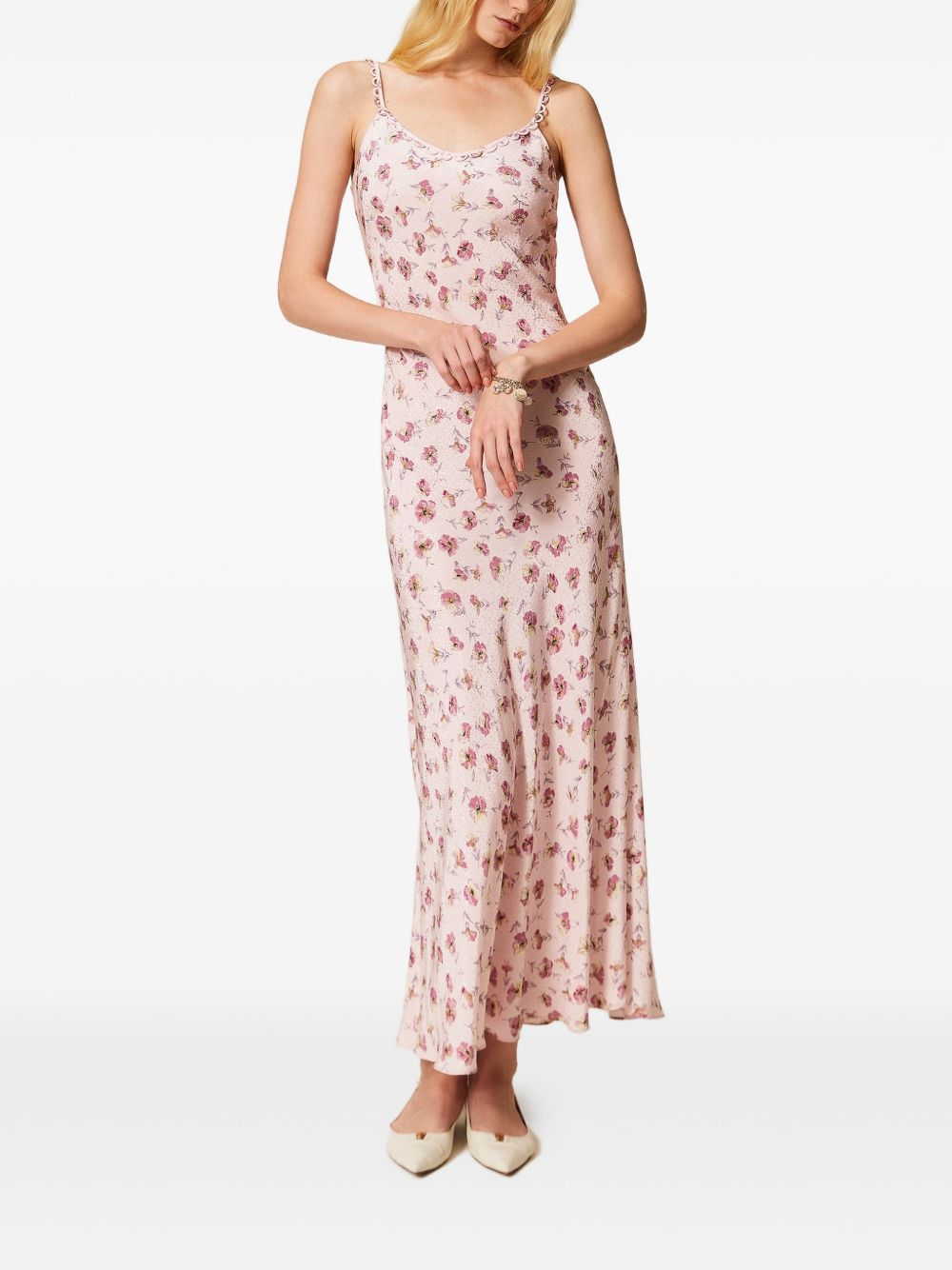 TWINSET Abito lungo color panna a fiori rossi con spalline