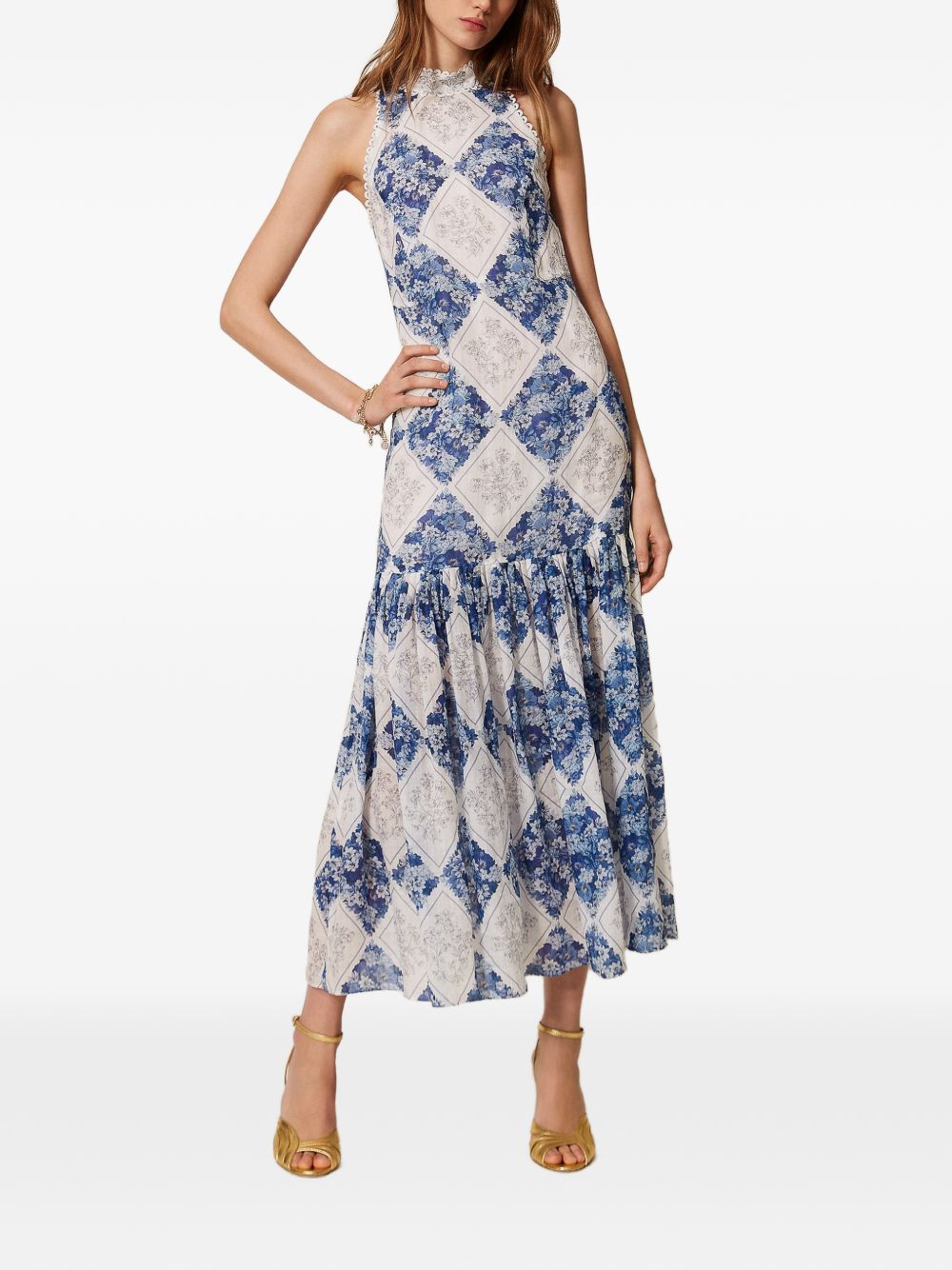 TWINSET Abito lungo con stampa floreale blu e bianco