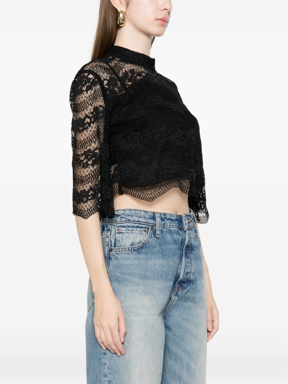 TWINSET Top nero in pizzo con maniche 3/4