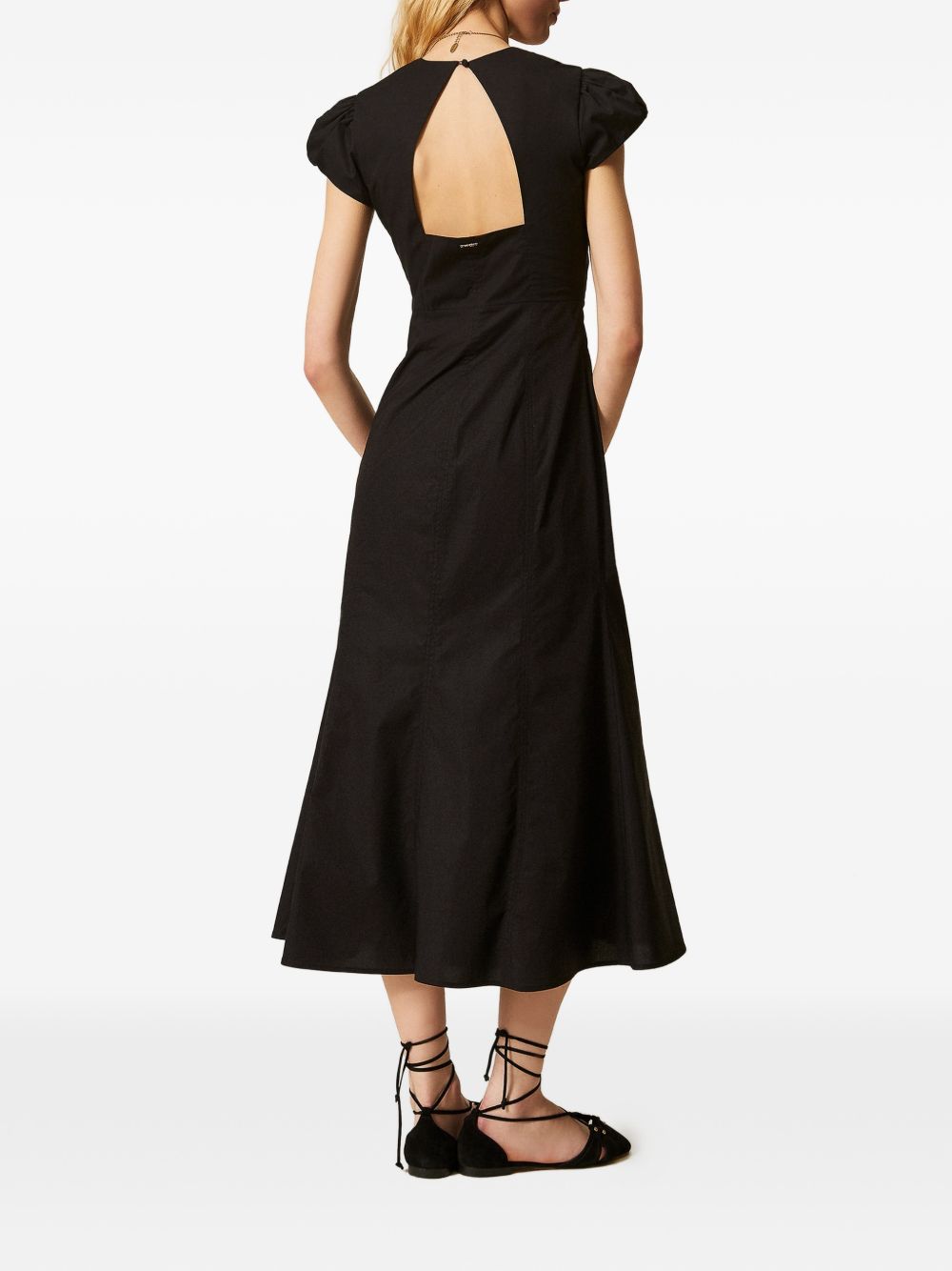 TWINSET Abito midi in cotone elasticizzato nero con scollo a V