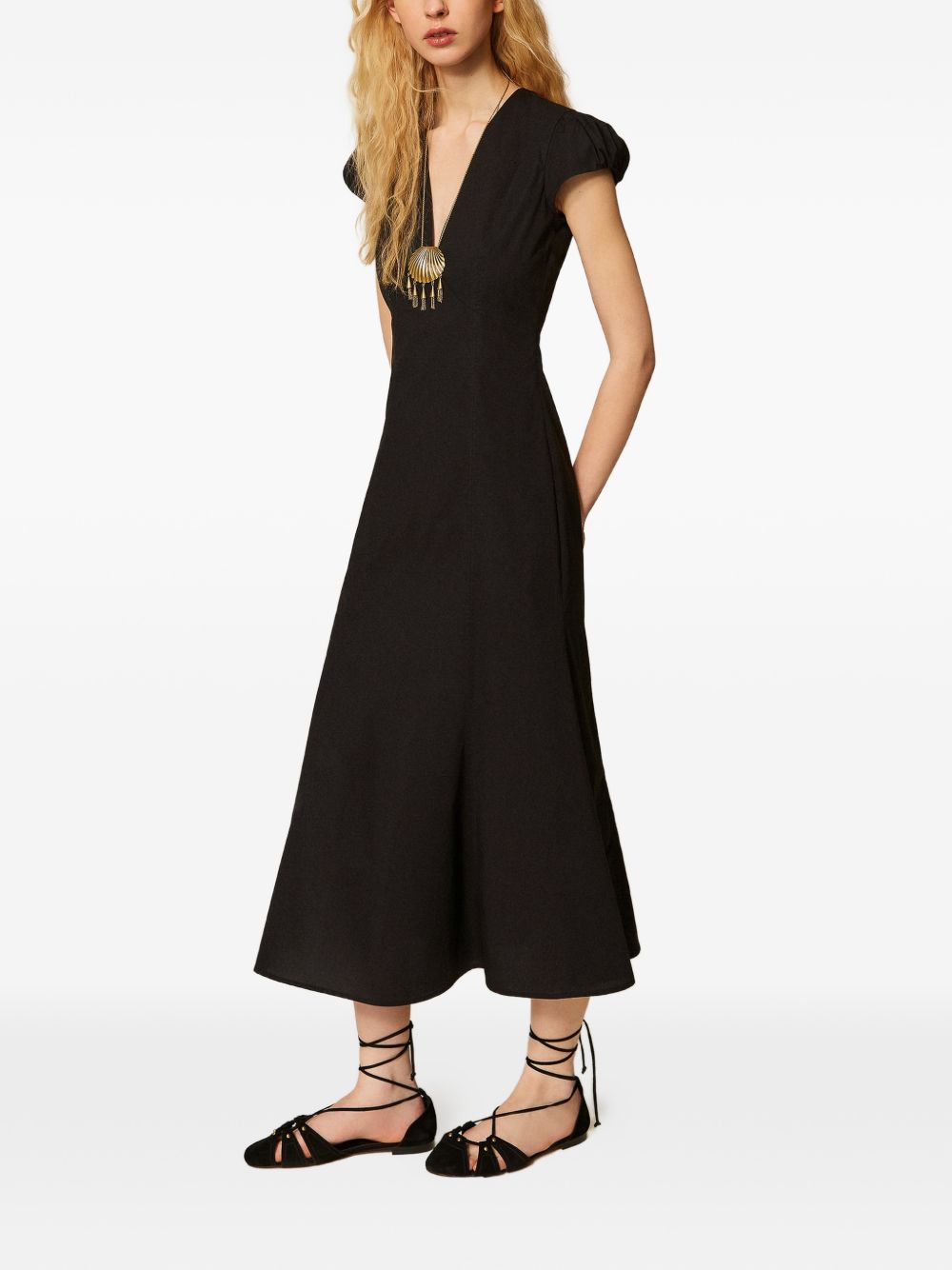 TWINSET Abito midi in cotone elasticizzato nero con scollo a V