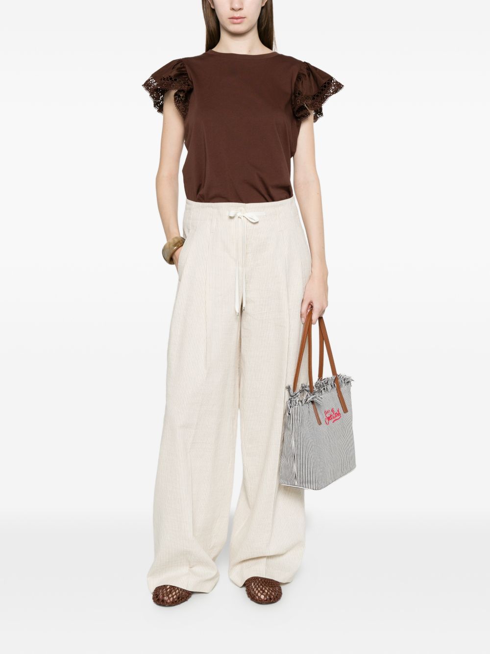 TWINSET T-shirt in cotone marrone con maniche a volant