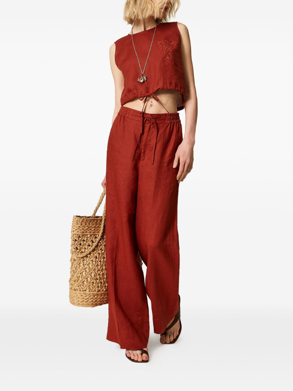 TWINSET Pantaloni lunghi di lino color terracotta con coulisse