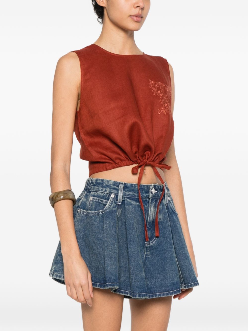 TWINSET Top corto in lino marrone con laccio