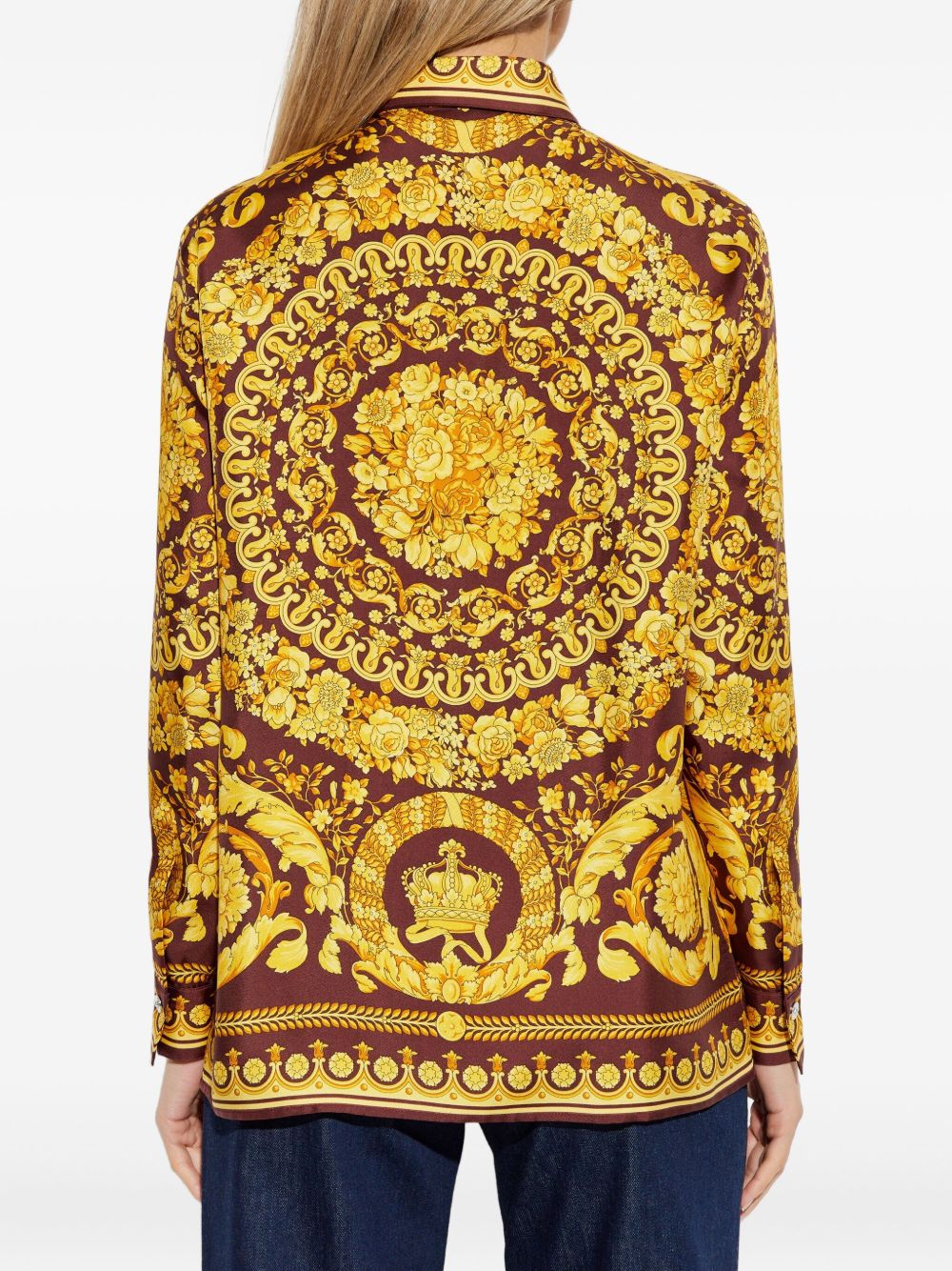 VERSACE Camicia marrone e gialla in seta con stampa