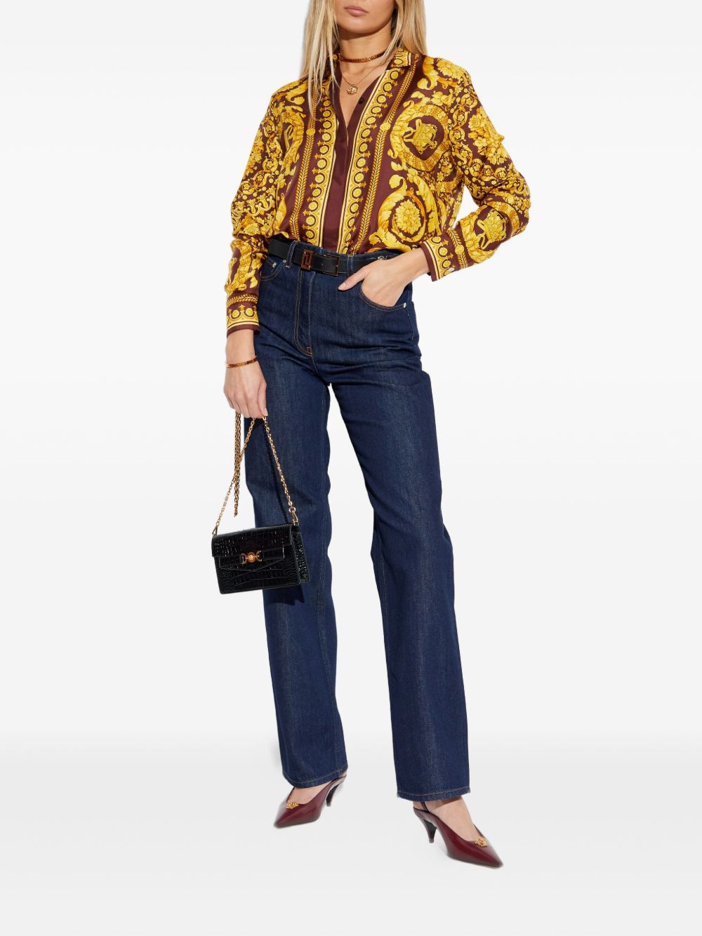 VERSACE Camicia marrone e gialla in seta con stampa