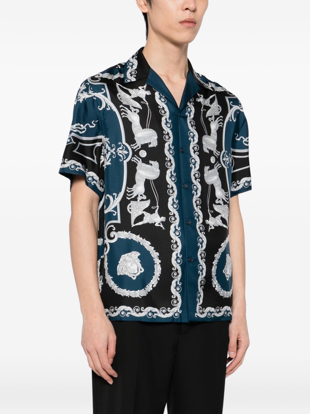 VERSACE Camicia in seta blu con stampa