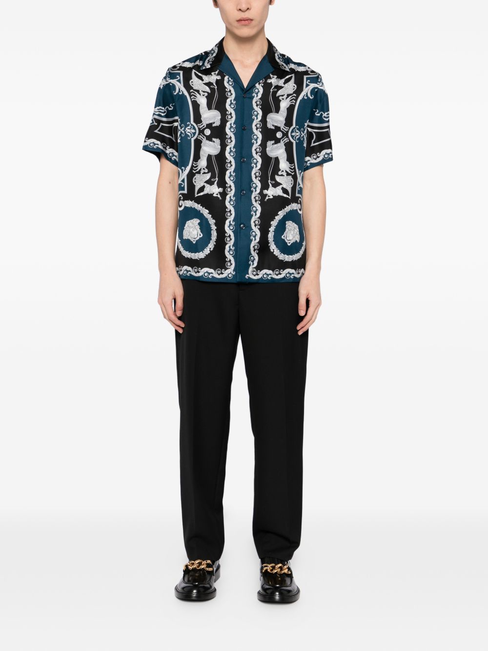 VERSACE Camicia in seta blu con stampa