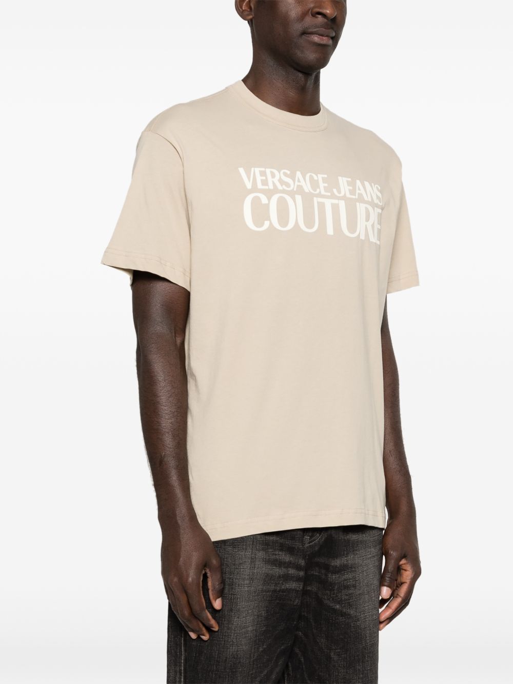 VERSACE JEANS COUTURE T-shirt in cotone a maniche corte beige con stampa