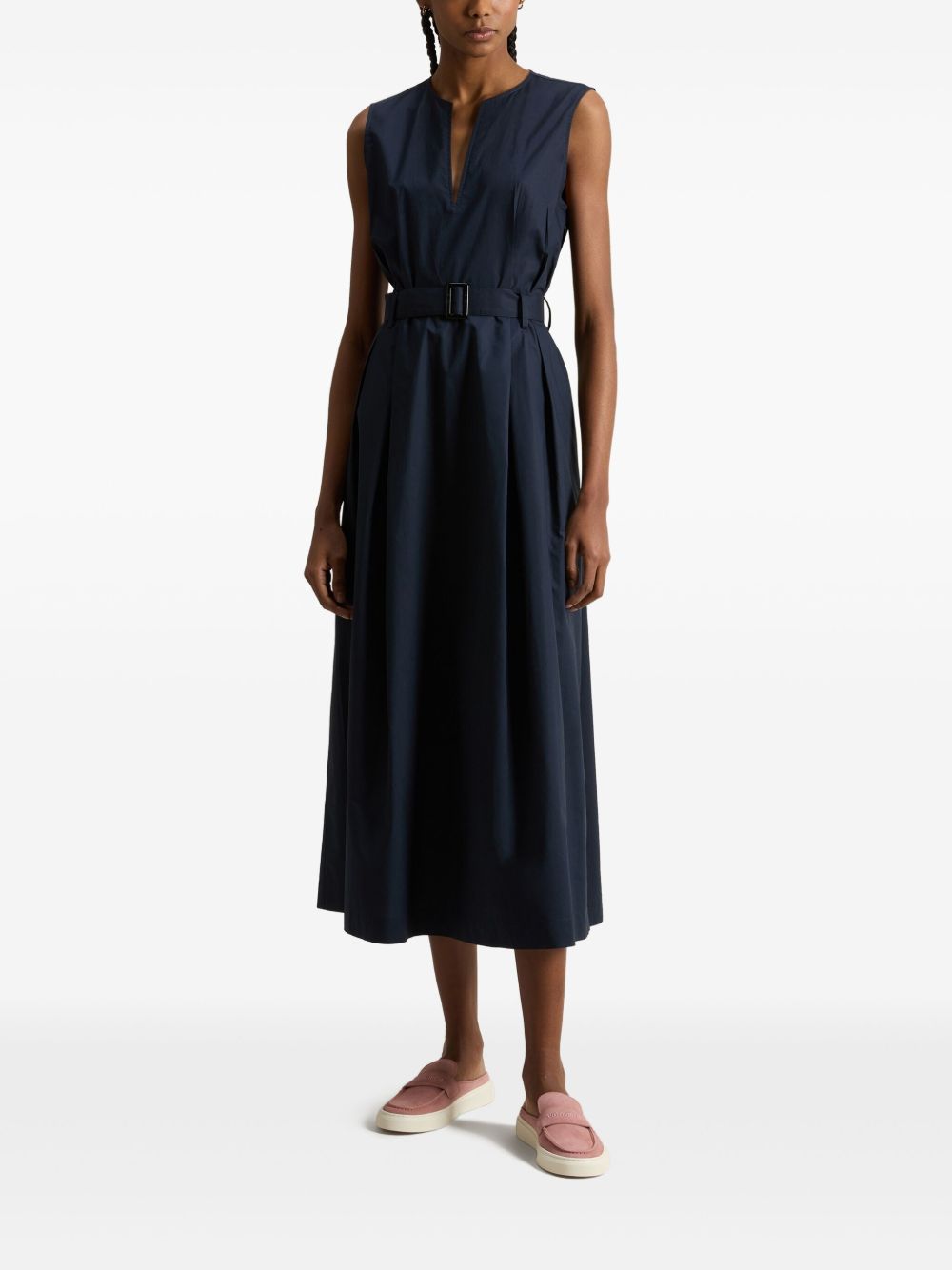 WOOLRICH Abito midi in cotone con scollo a V e cintura
