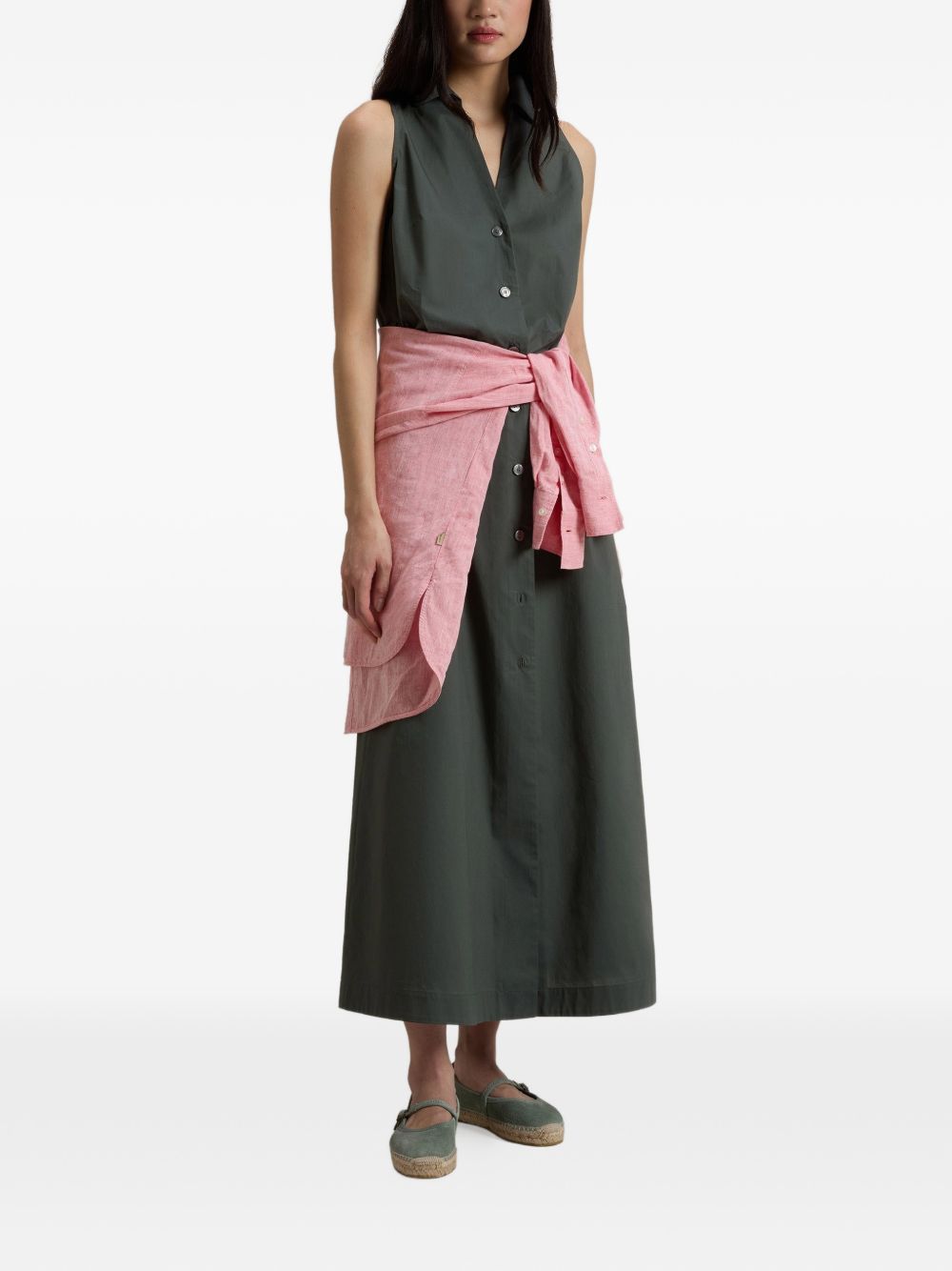 WOOLRICH Abito midi in cotone con scollo a V e cintura