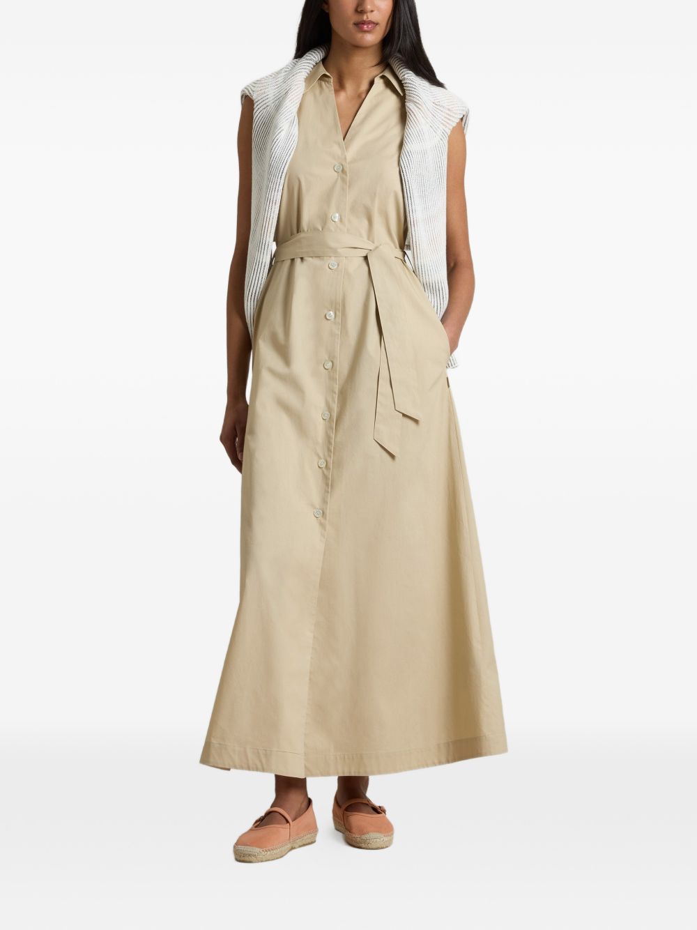 WOOLRICH Abito midi in cotone con scollo a V e cintura