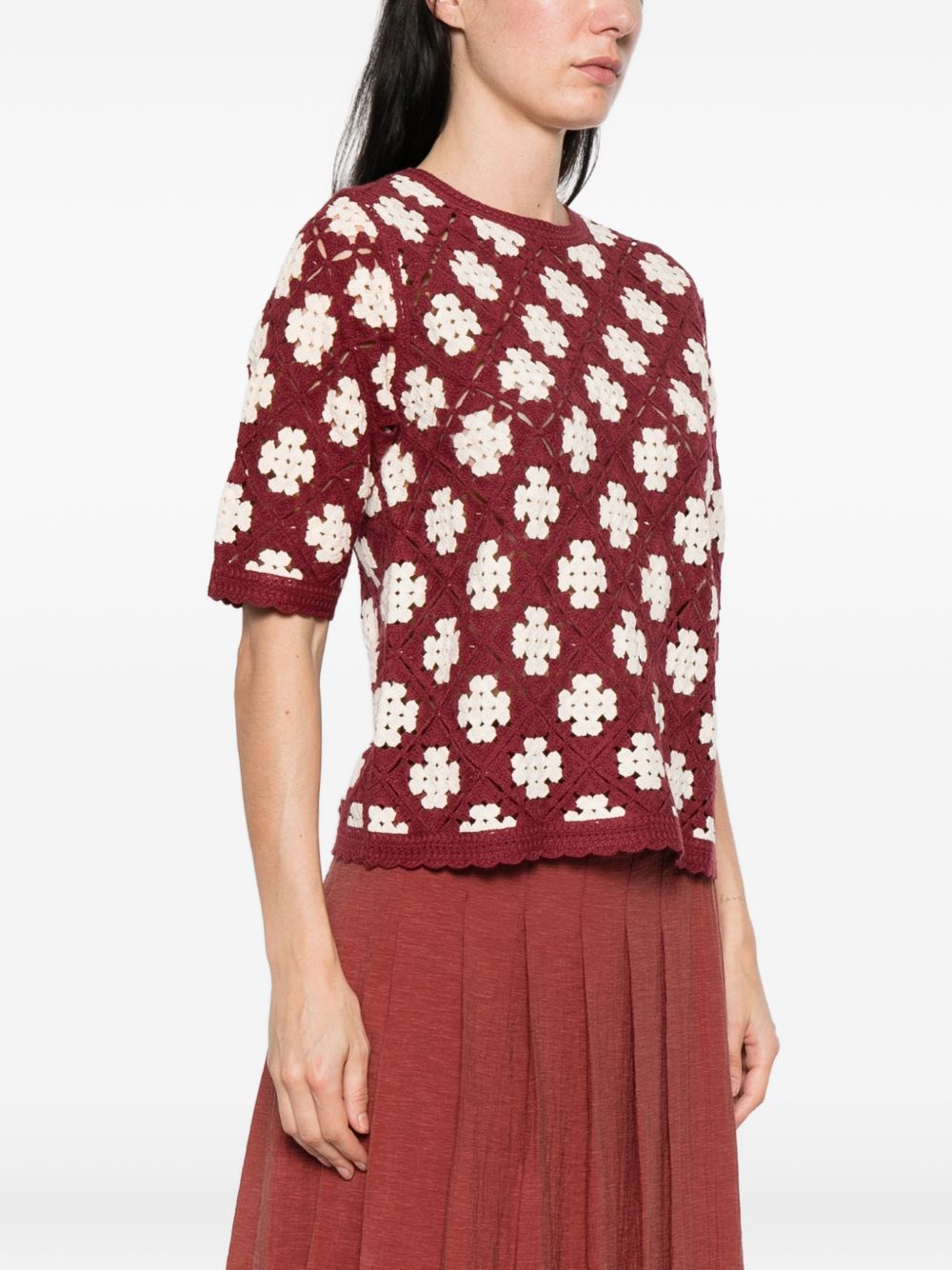YERSE Maglia a maniche corte in crochet con motivo bianco
