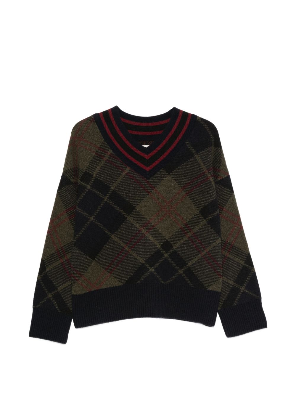BARBOUR Felpa con scollo a V in lana marrone e rossa 