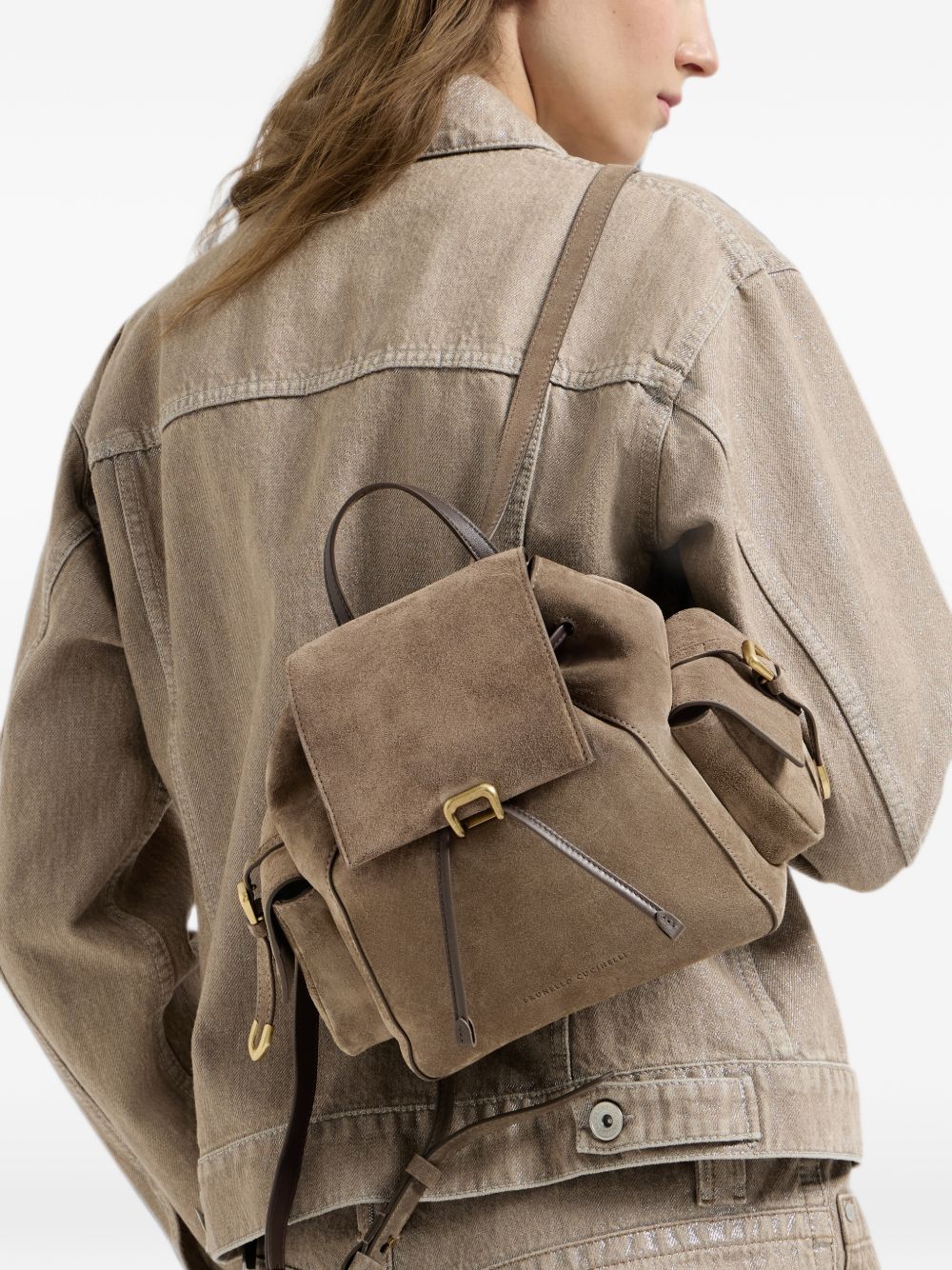 BRUNELLO CUCINELLI Zainetto multitasche in suede beige scuro 