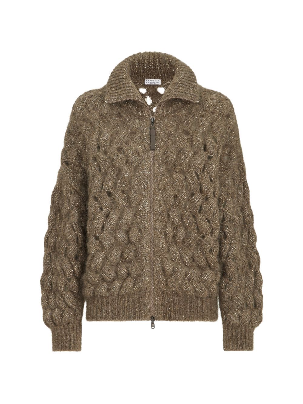 BRUNELLO CUCINELLI Cardigan in misto lana a maglia larga con zip verde 