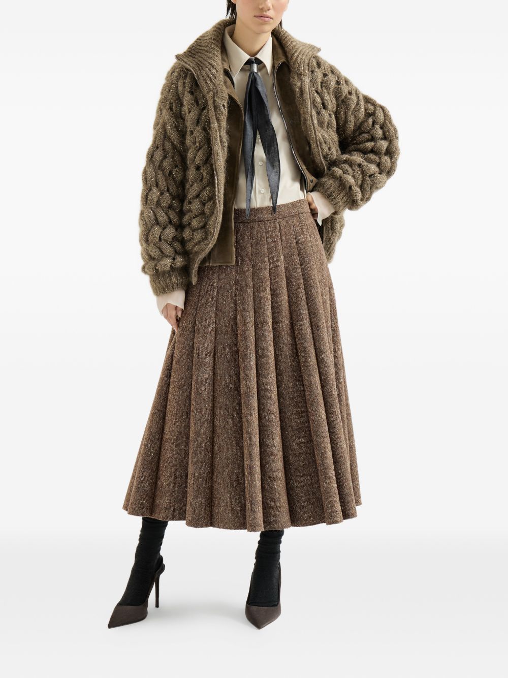 BRUNELLO CUCINELLI Cardigan in misto lana a maglia larga con zip verde 