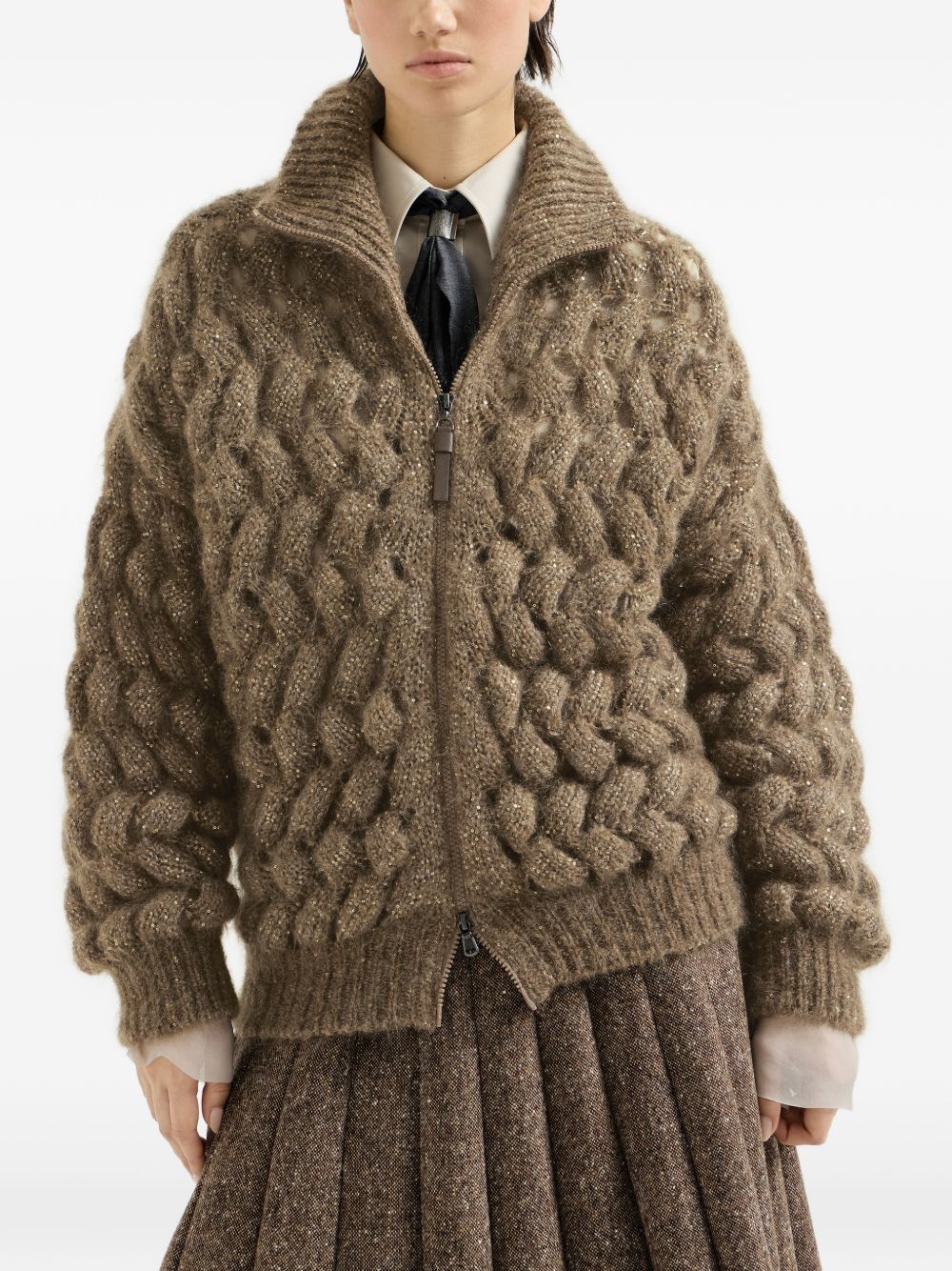 BRUNELLO CUCINELLI Cardigan in misto lana a maglia larga con zip verde 