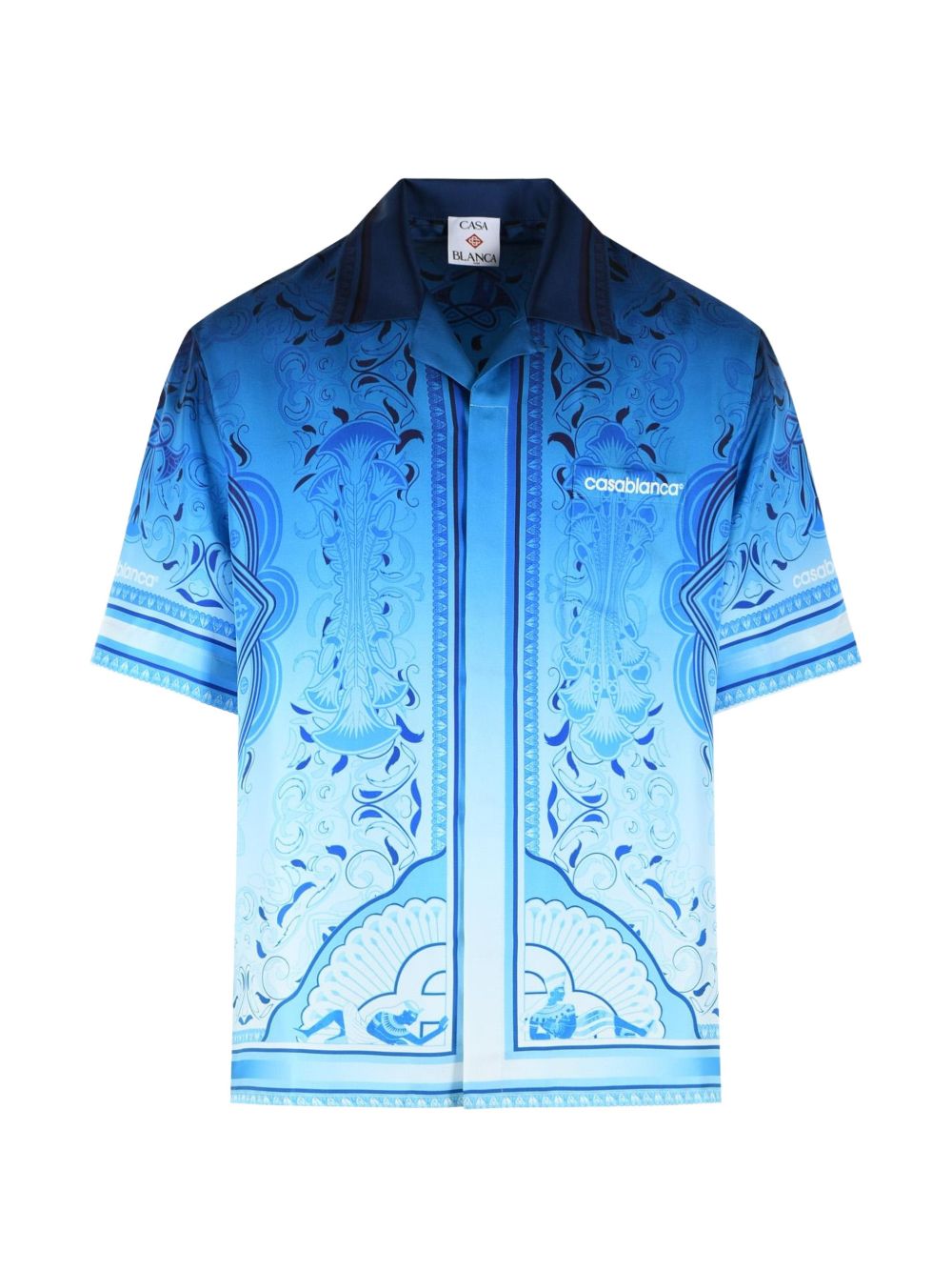 CASABLANCA Camicia Egyptian Rug in seta azzurra con stampa egiziana 