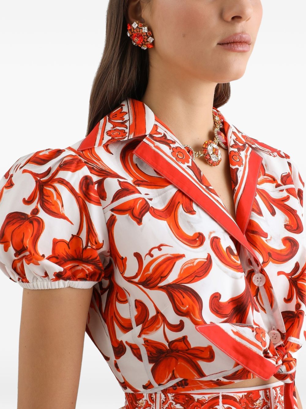 DOLCE e GABBANA Camicia in popeline con stampa Maiolica bianca e arancione 