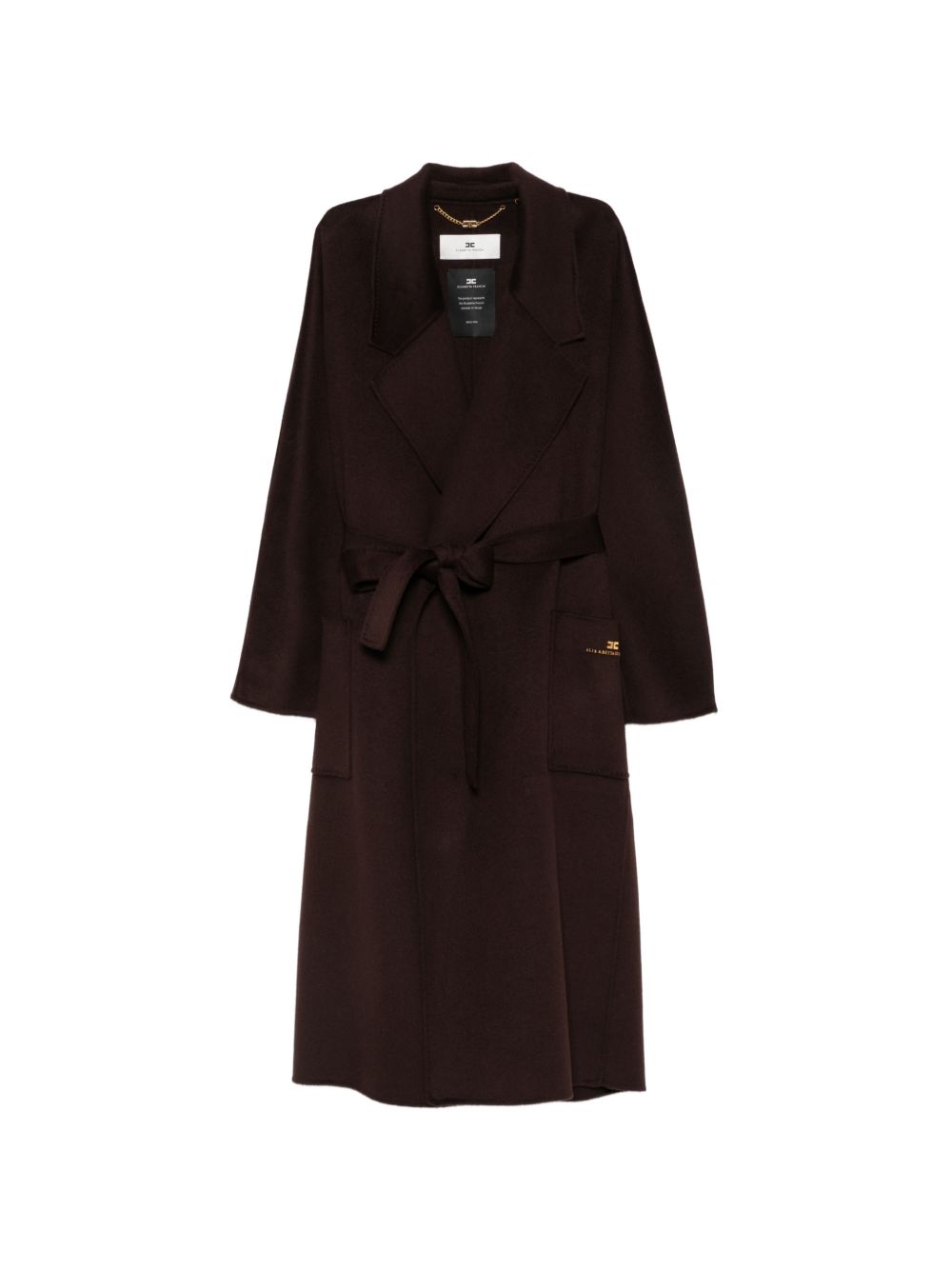 ELISABETTA FRANCHI Cappotto marrone in lana con cintura e tasche 
