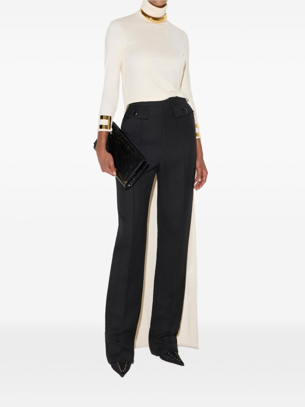 ELISABETTA FRANCHI Maglia a collo alto con placche dorate ed elegante strascico 