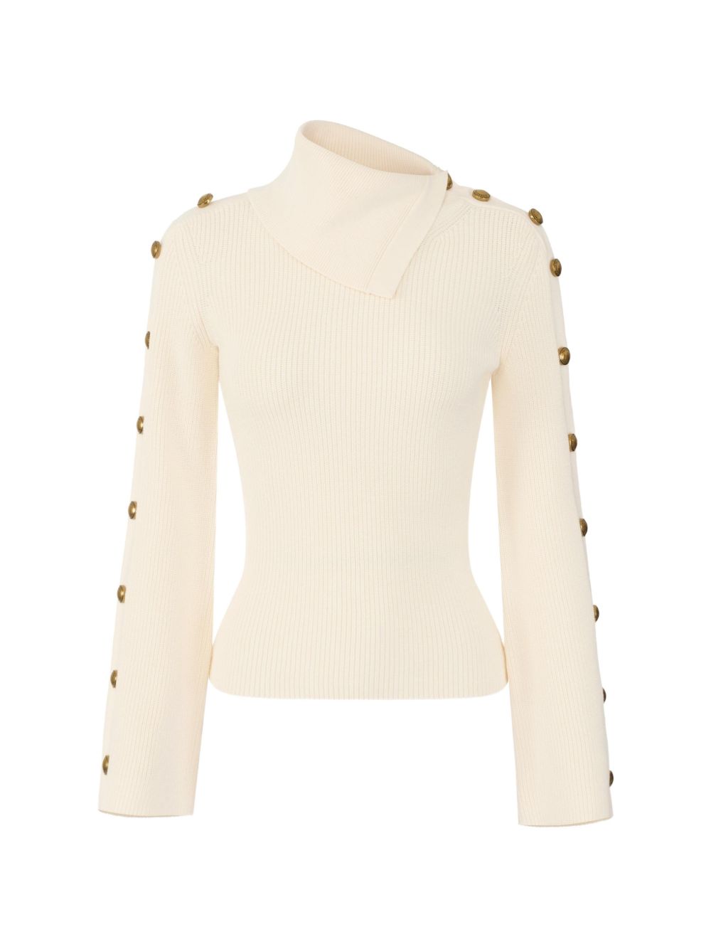 ELISABETTA FRANCHI Maglia a collo alto asimmetrico con bottoni dorati sulle maniche panna 