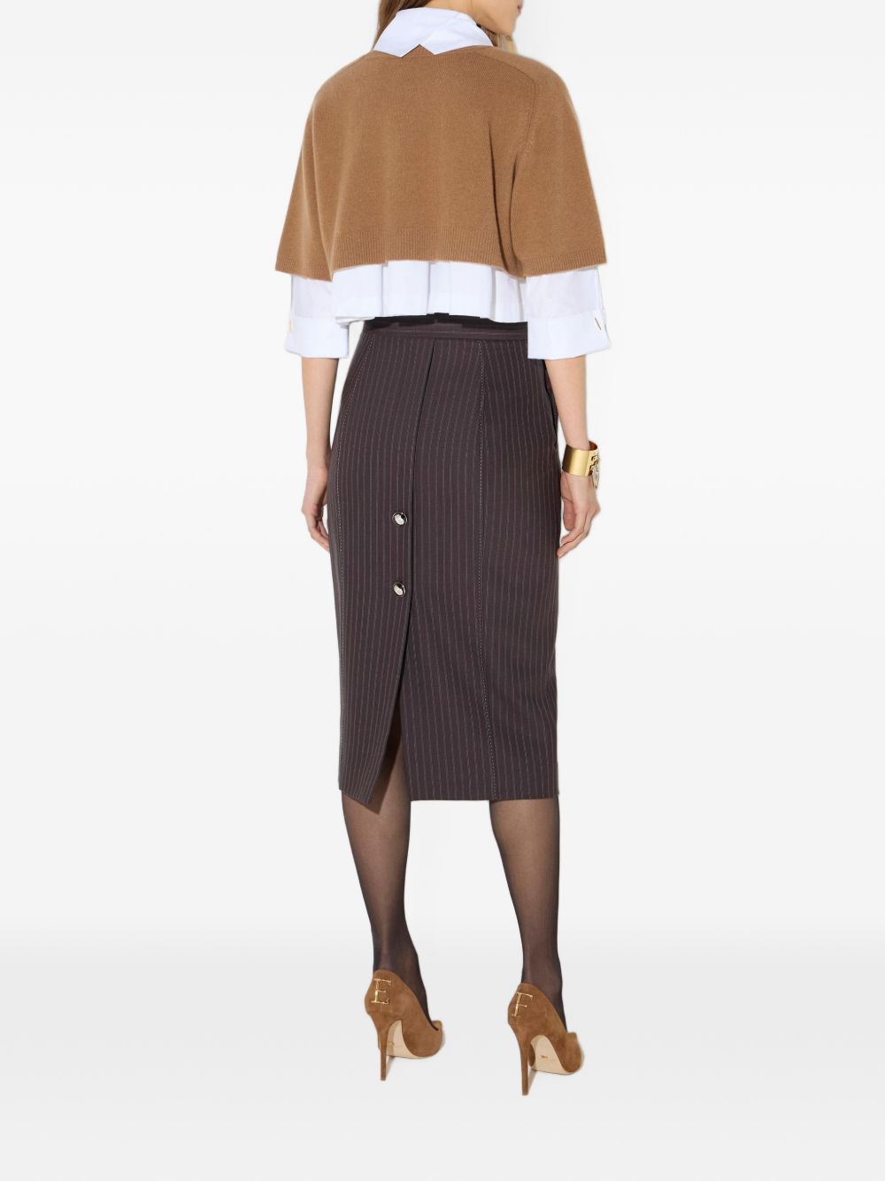 ELISABETTA FRANCHI Maglia crop cammello in lana con maniche corte e taschino 