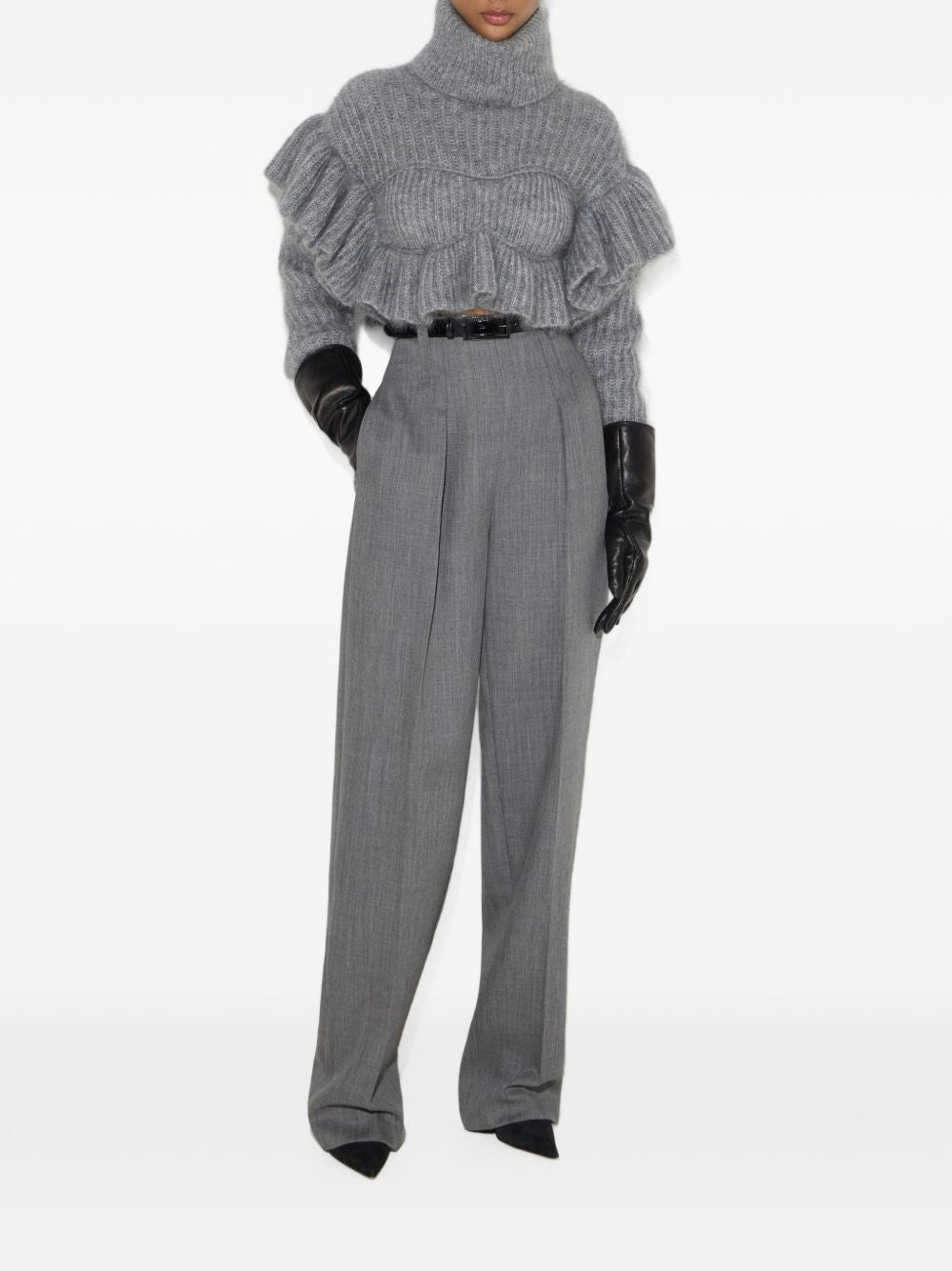 ELISABETTA FRANCHI Maglia in lana mohair grigia con rouches sulle spalle 