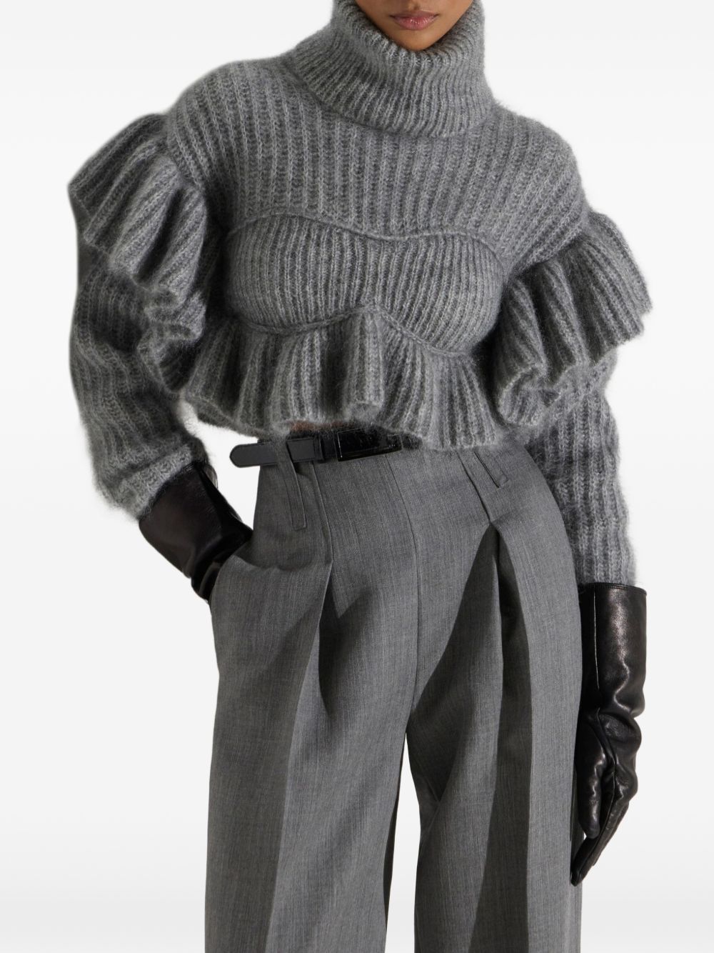 ELISABETTA FRANCHI Maglia in lana mohair grigia con rouches sulle spalle 