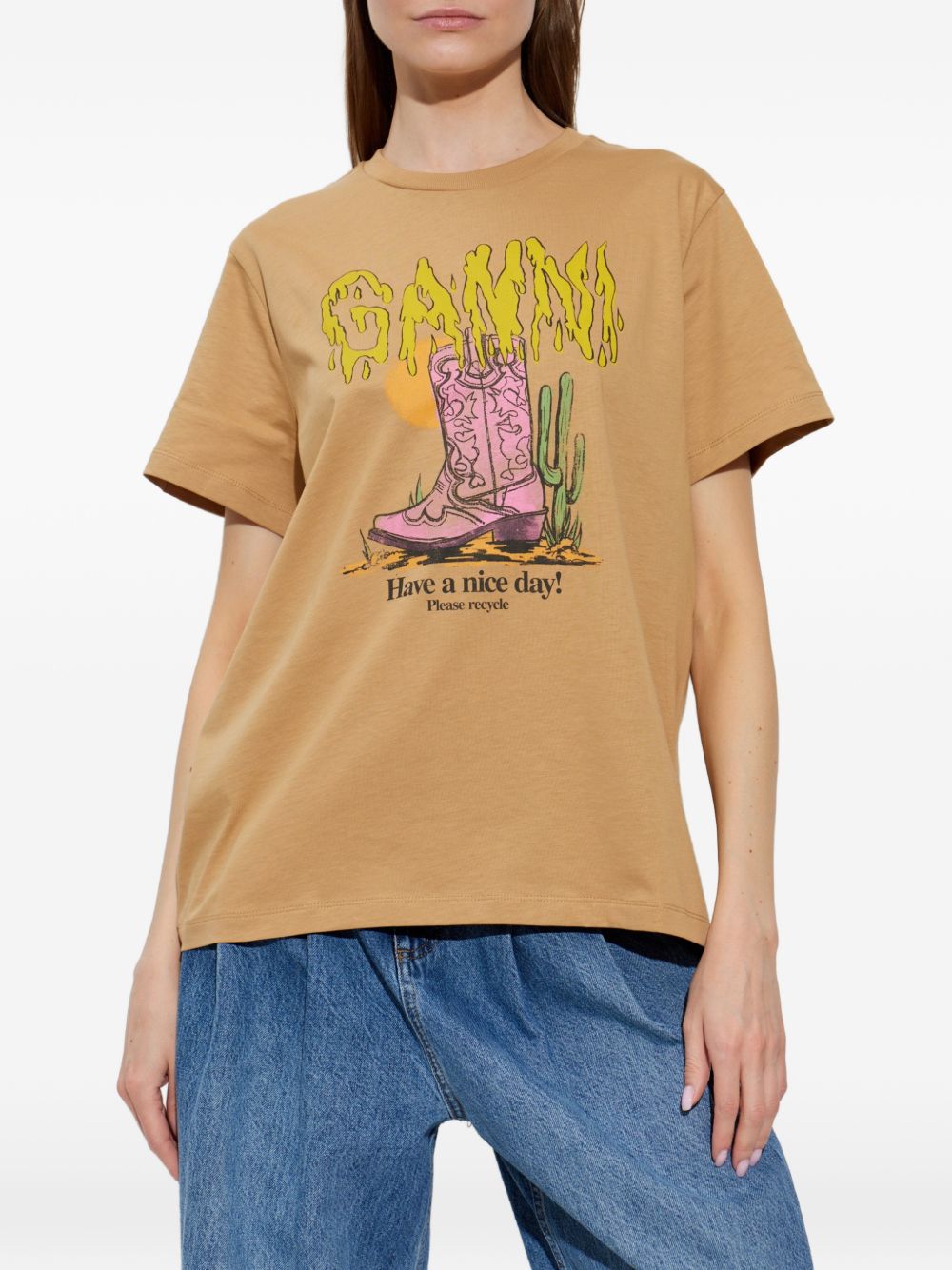 GANNI T-shirt arancione in cotone con stampa grafica 