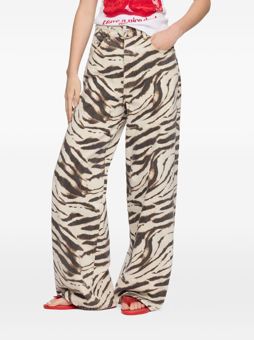 GANNI Jeans Lari Wide in denim stampa zebra 