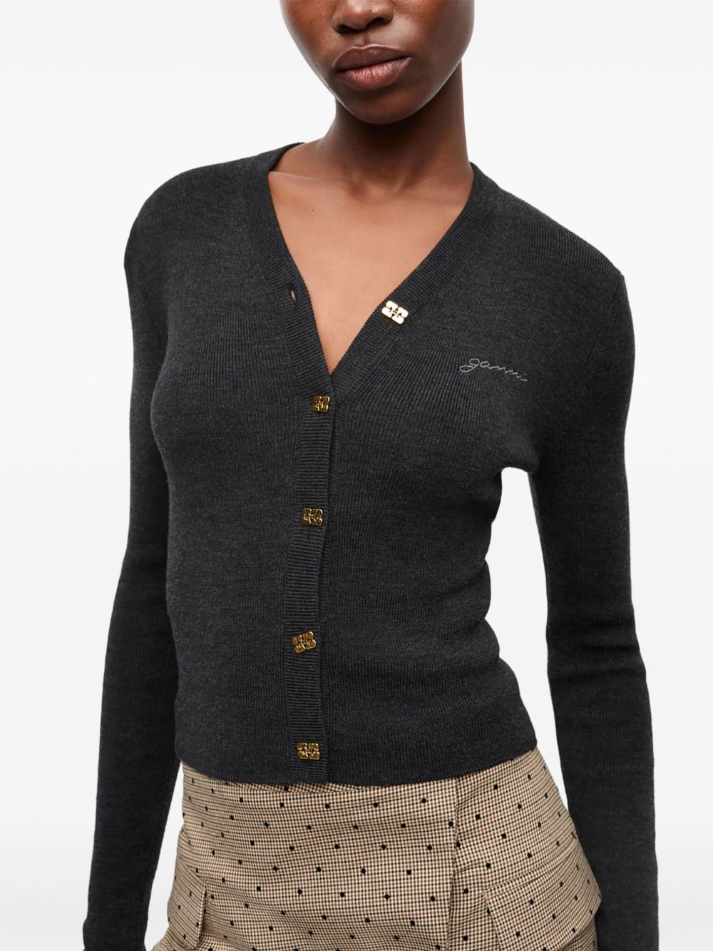 GANNI Cardigan nero antracite in lana merino con scollo a V 