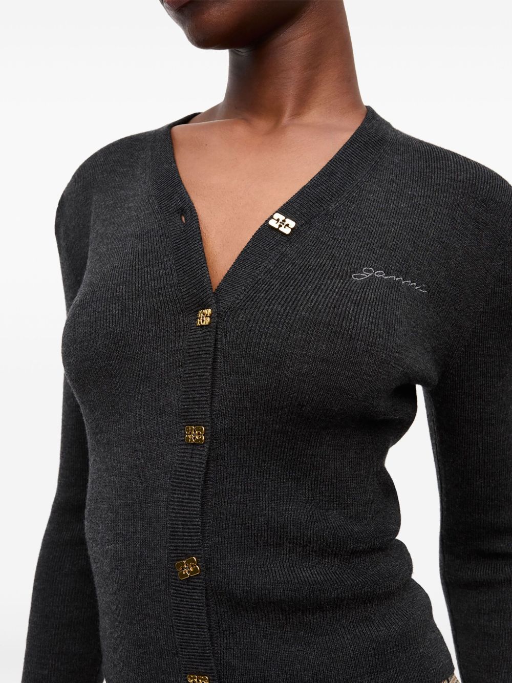 GANNI Cardigan nero antracite in lana merino con scollo a V 